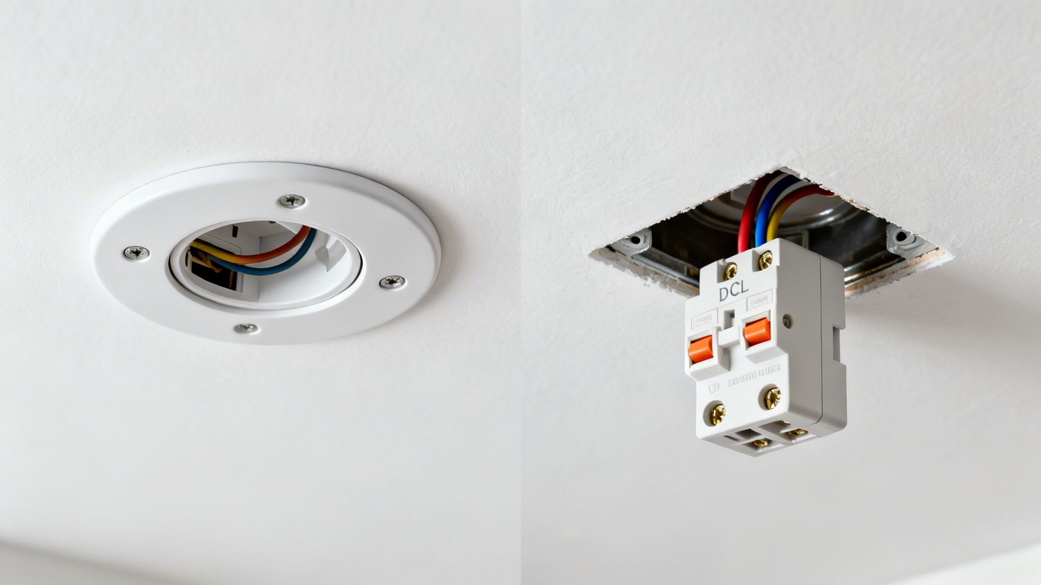 Elektrisk installation i loftet med rundt lampeudtag og DCL-stik, der viser farvede ledninger under montering.