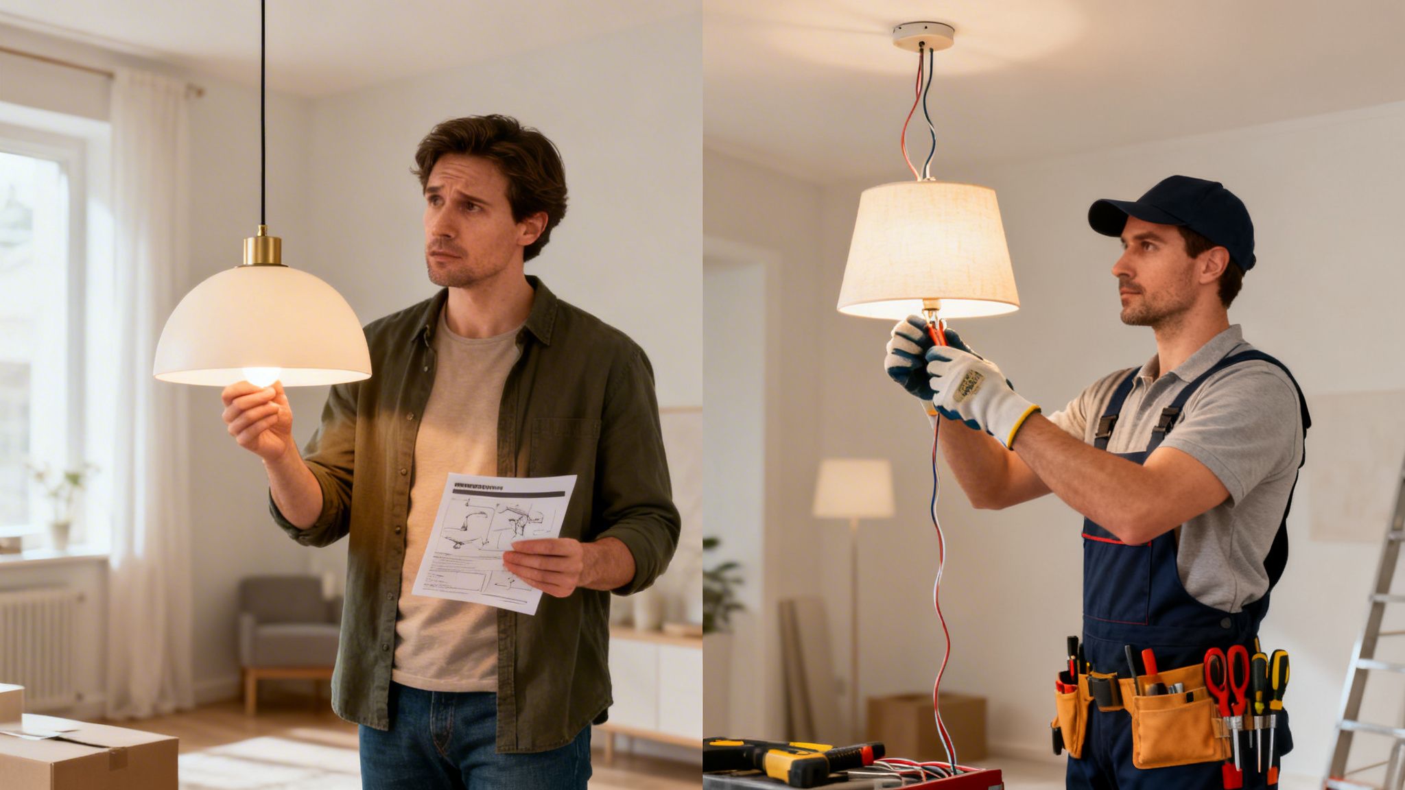 En mand forsøger at montere en lampe fra manual, mens en elektriker installerer en lampe professionelt.