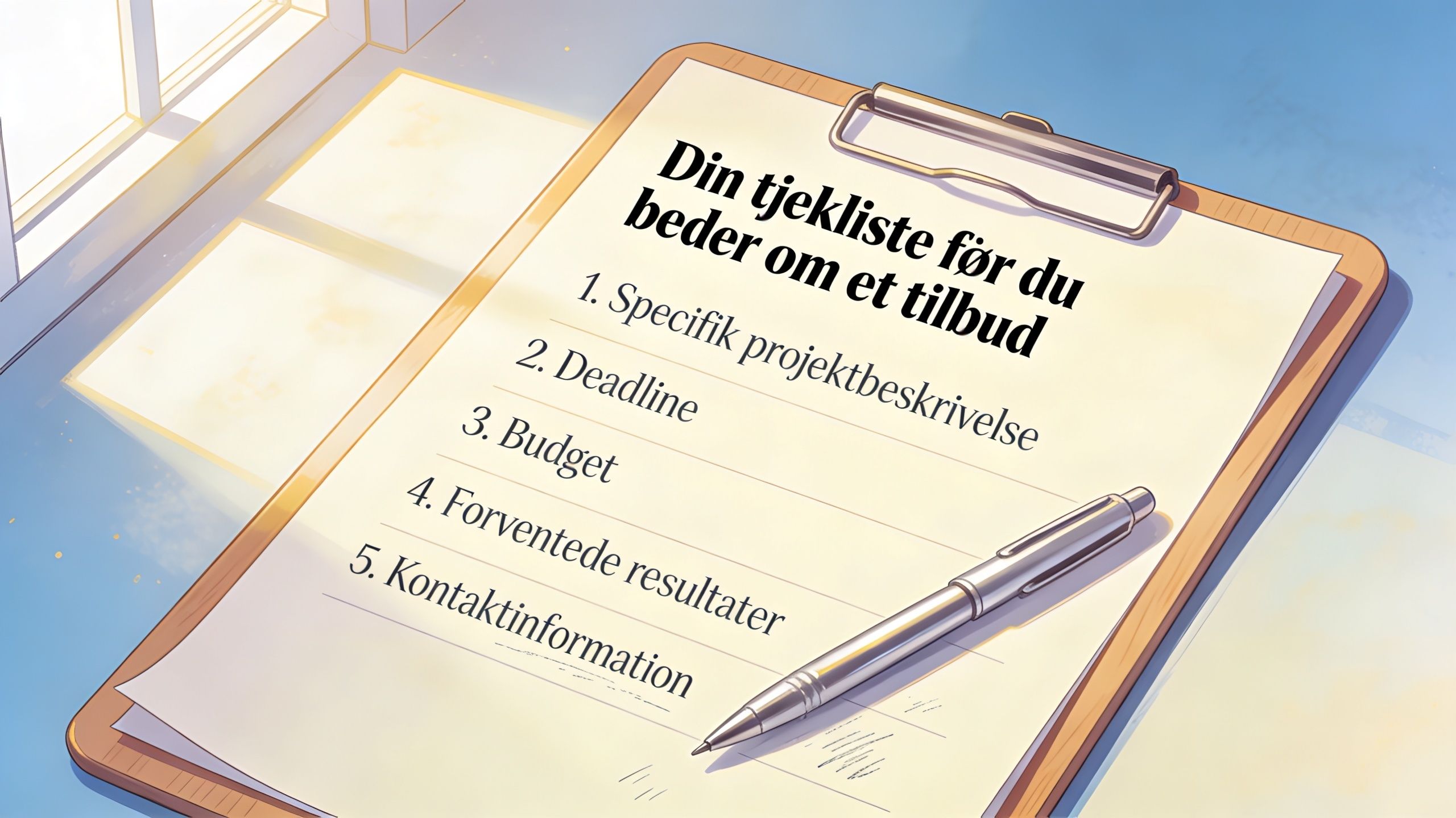 En tjekliste på en clipboard med fem punkter for at forberede en forespørgsel om et tilbud.