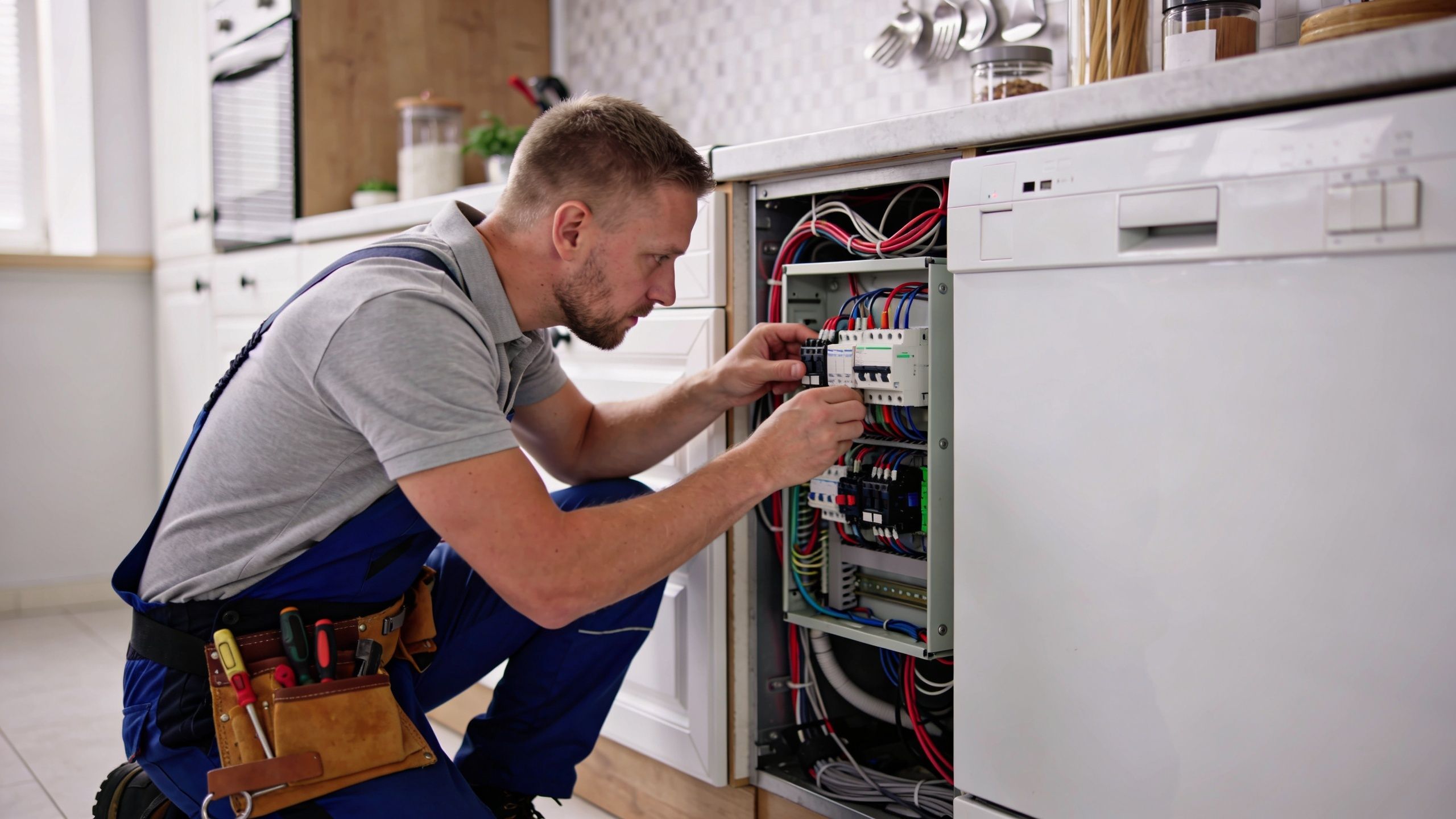 En professionel elektriker arbejder på installationen af en opvaskemaskine i et moderne køkken
