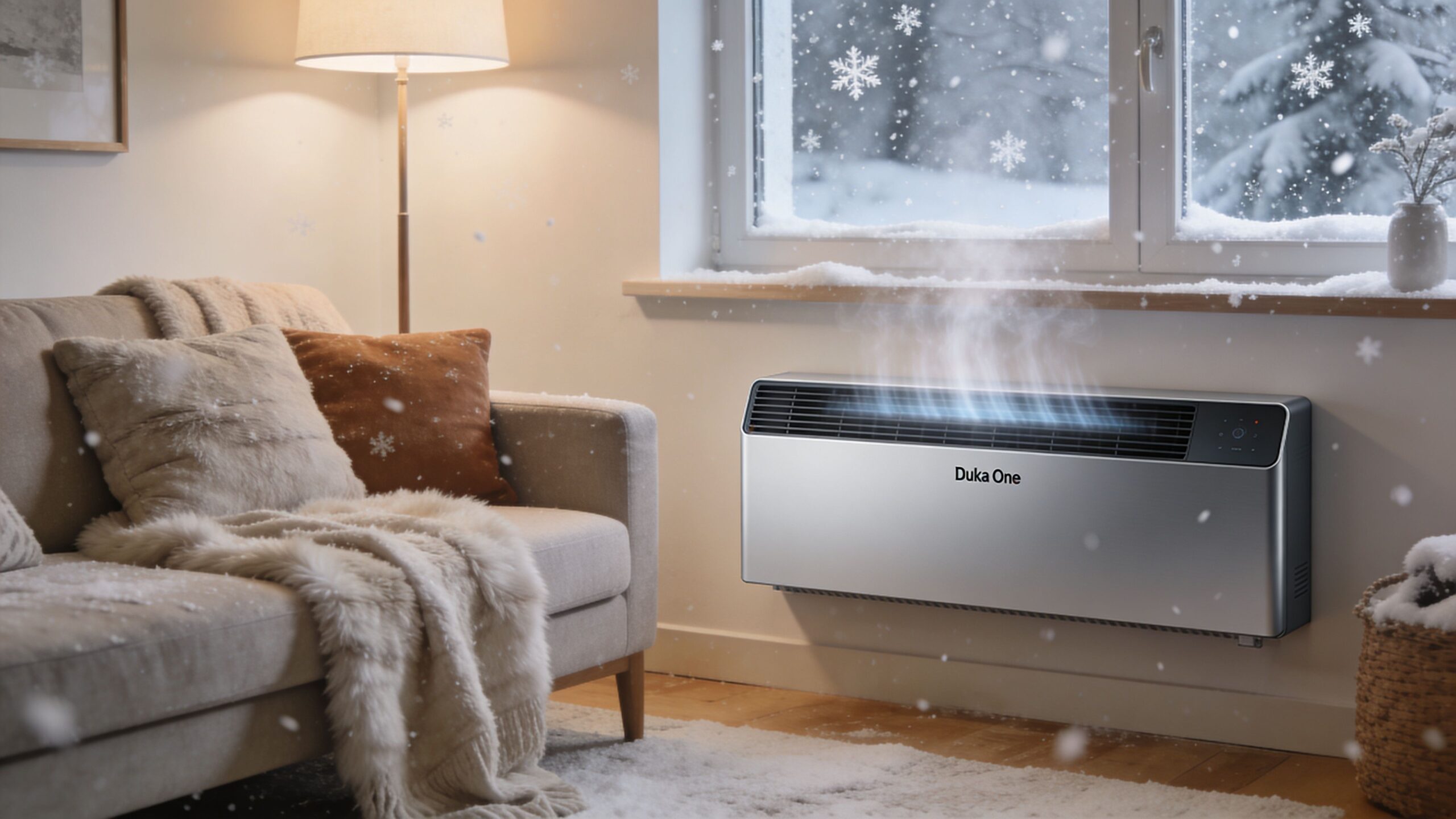 En elegant Duka One ventilationsenhed monteret på en væg i en stue med sne der falder udenfor.