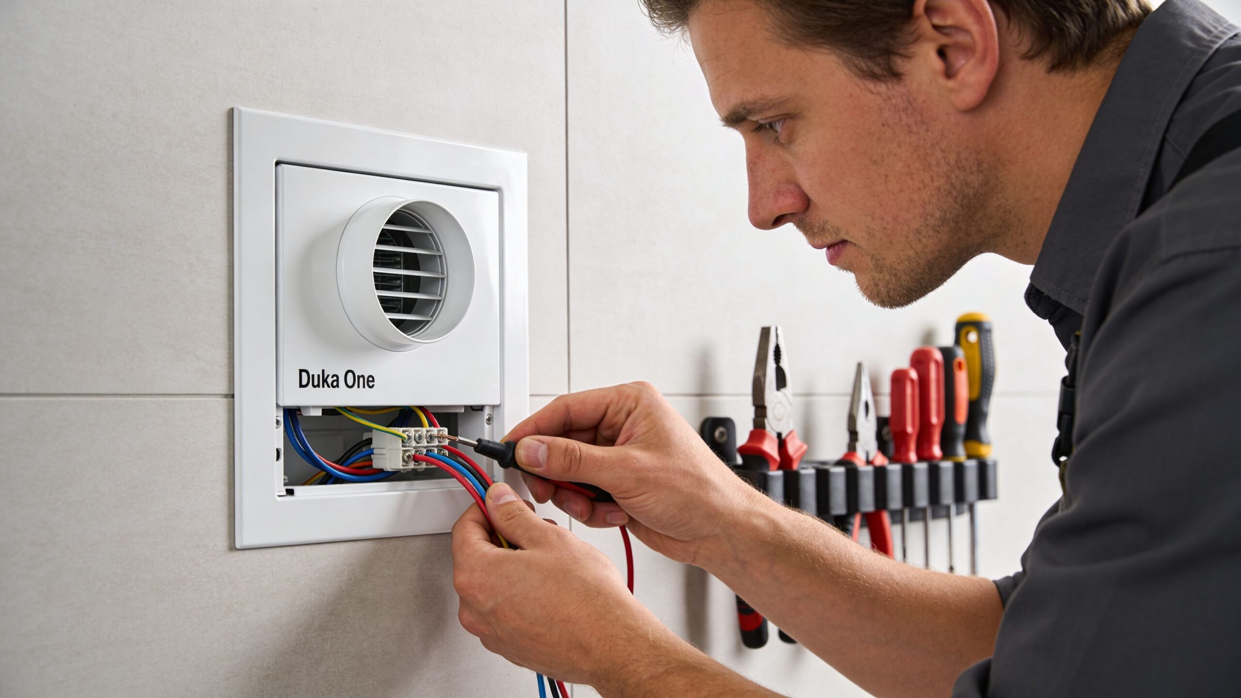 En professionel elektriker er i gang med at installere og måle på en Duka One ventilationsenhed i væggen.