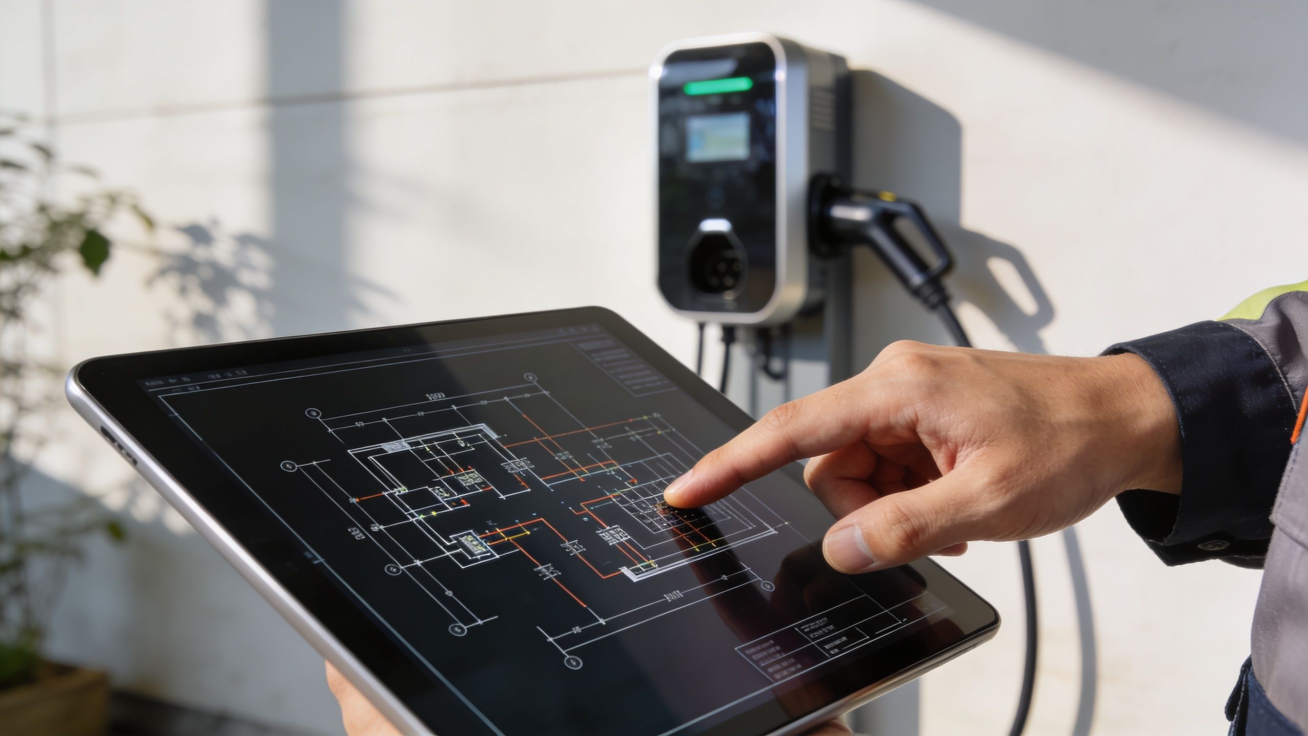 Tekniker inspicerer en elektrisk ladestander til elbil ved hjælp af en tablet med en plantegning.