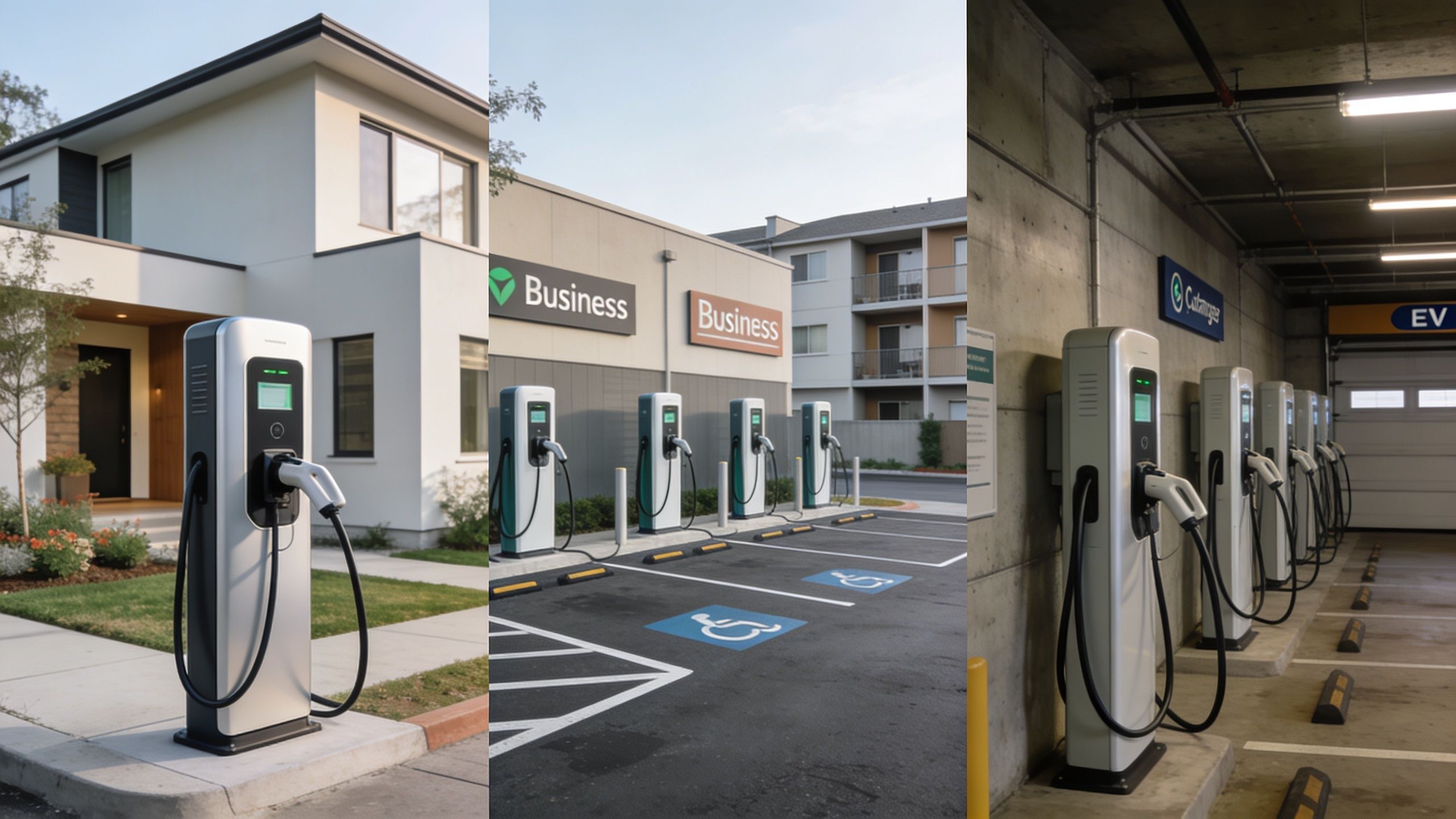 Tre forskellige eksempler på elektriske ladestandere til elbiler placeret ved huse, virksomheder og i parkeringskældre.