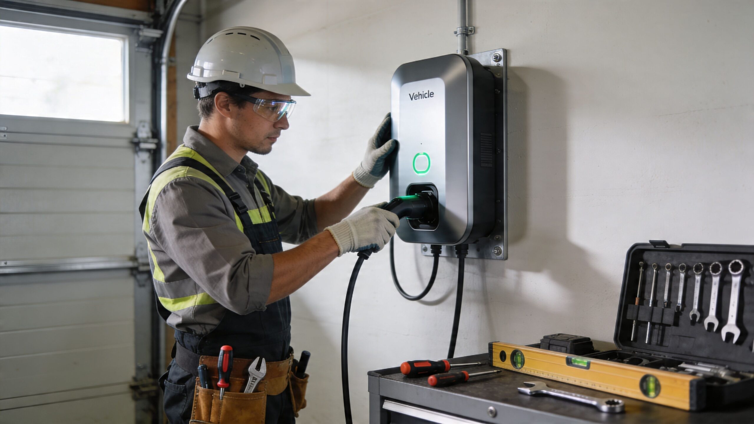 En professionel elektriker installerer en ladestander til elbil hjemme i en garage ved hjælp af værktøj.