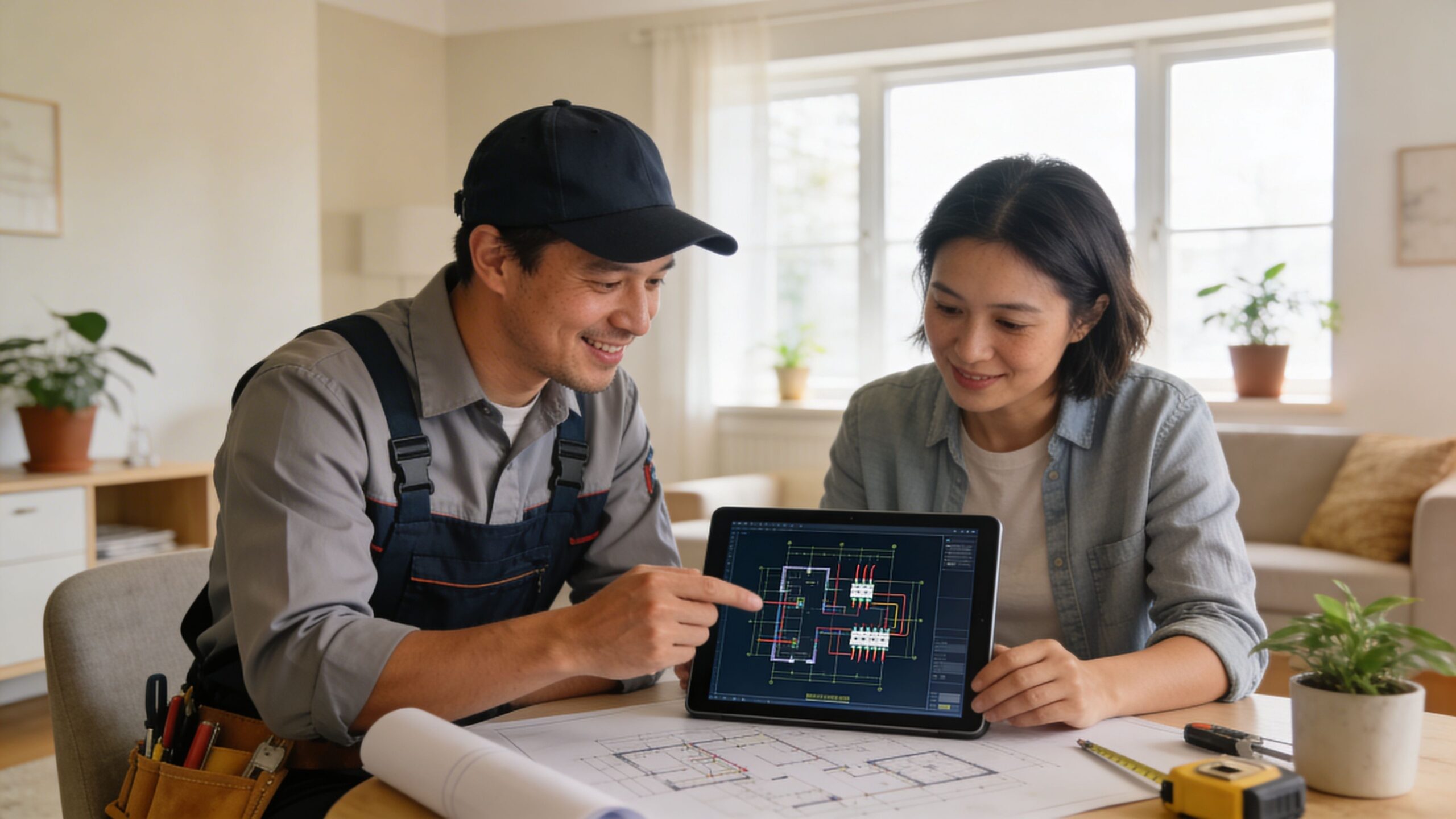 En elektriker og en kvinde gennemgår en el-installationstegning på en tablet ved et bord i stuen.