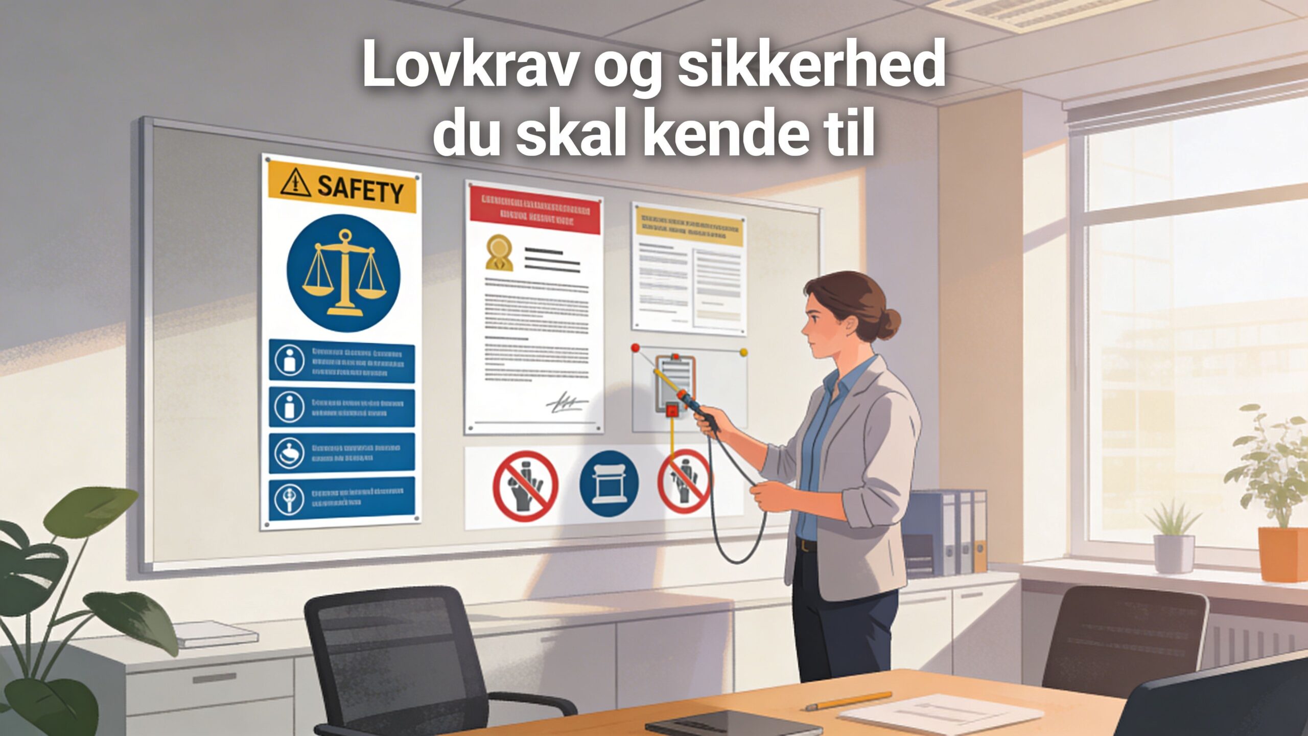 En kvinde i et kontormiljø peger på en opslagstavle med lovkrav og sikkerhedsregler for elektriske installationer.