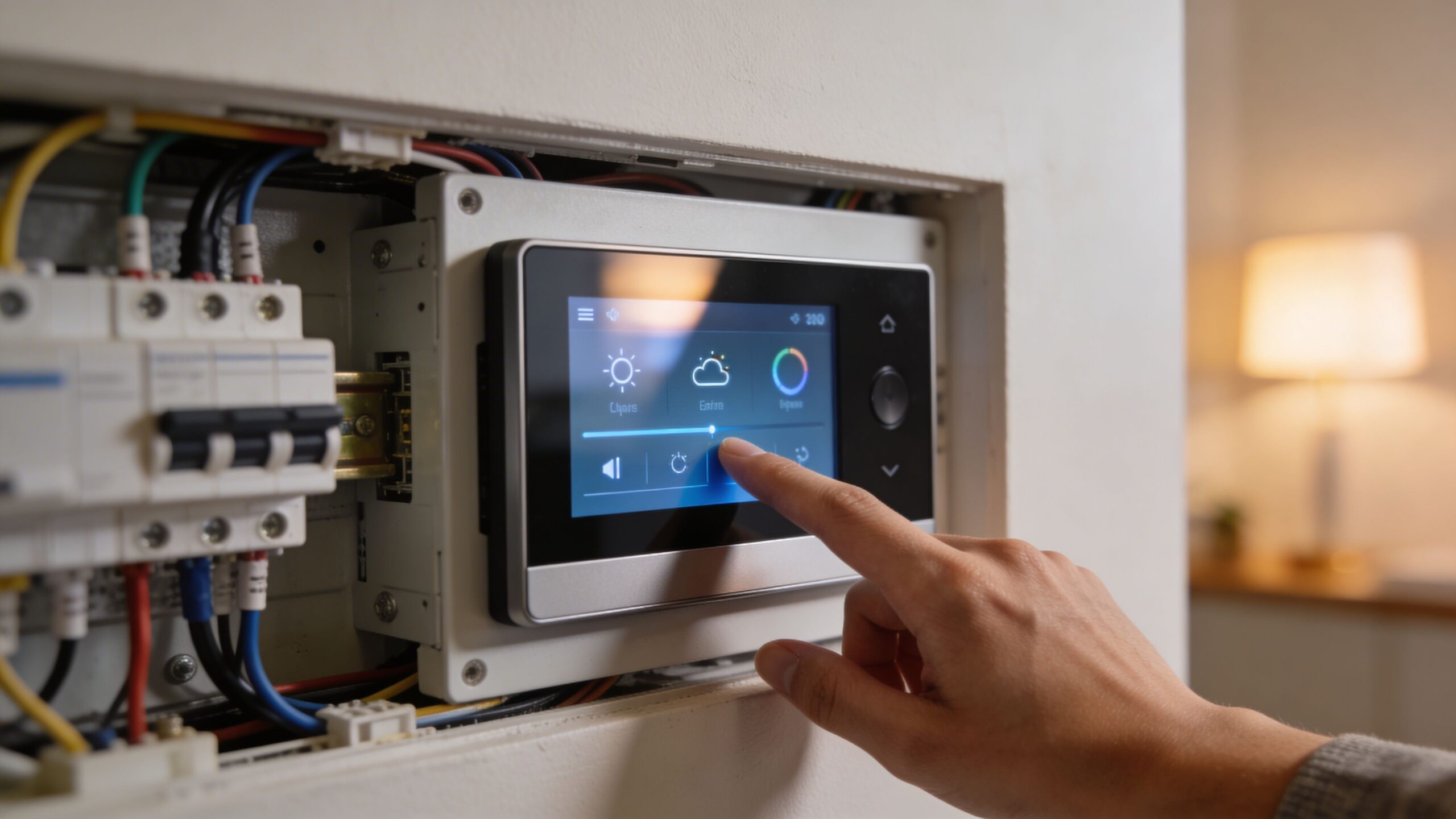 En person justerer indstillingerne på en moderne smart home-touchskærm installeret direkte i et elektrisk panel på væggen.