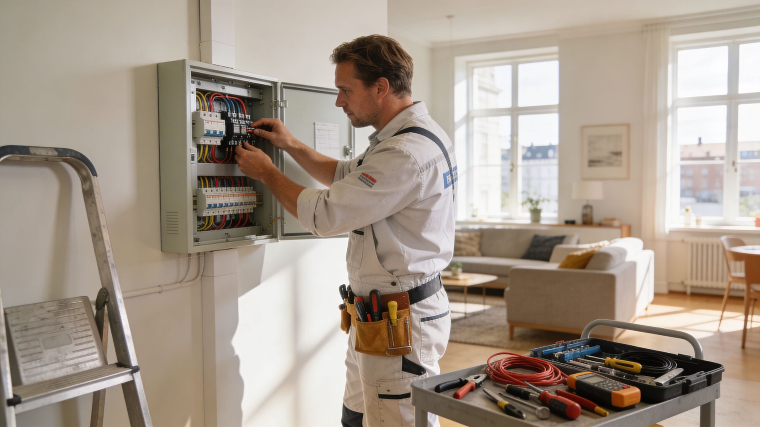 En professionel elinstallatør arbejder fokuseret med at forbinde ledninger i et elektrisk sikringsskab i en lys lejlighed.