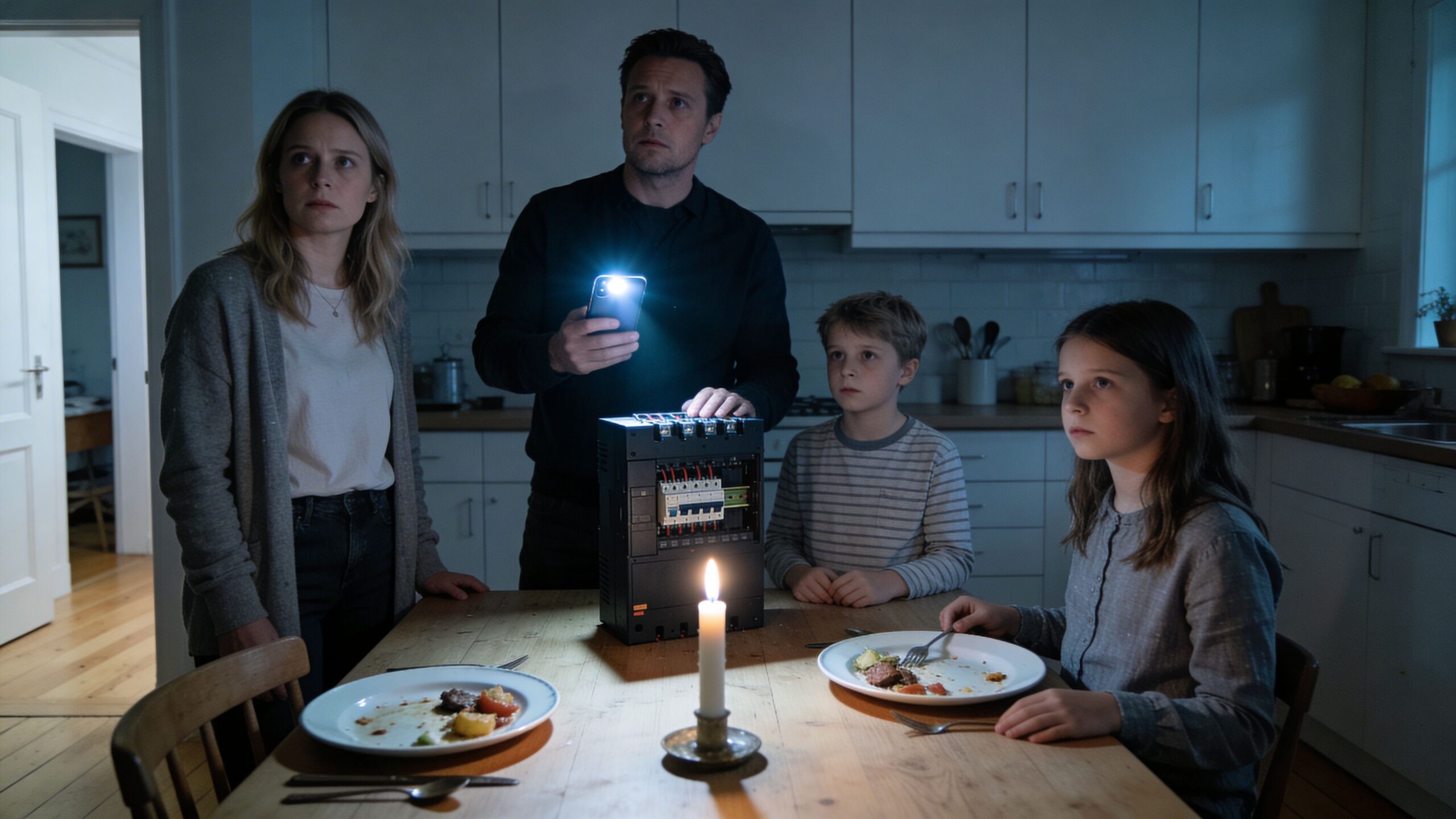 En familie sidder i mørket med et tændt stearinlys, mens faren undersøger en elektrisk tavle med sin telefon.