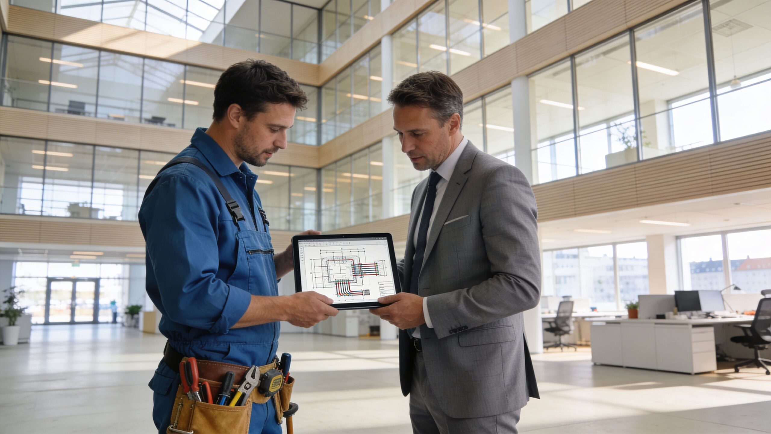 En professionel el-installatør og en forretningsmand drøfter et teknisk diagram på en tablet i et moderne kontorbyggeri.