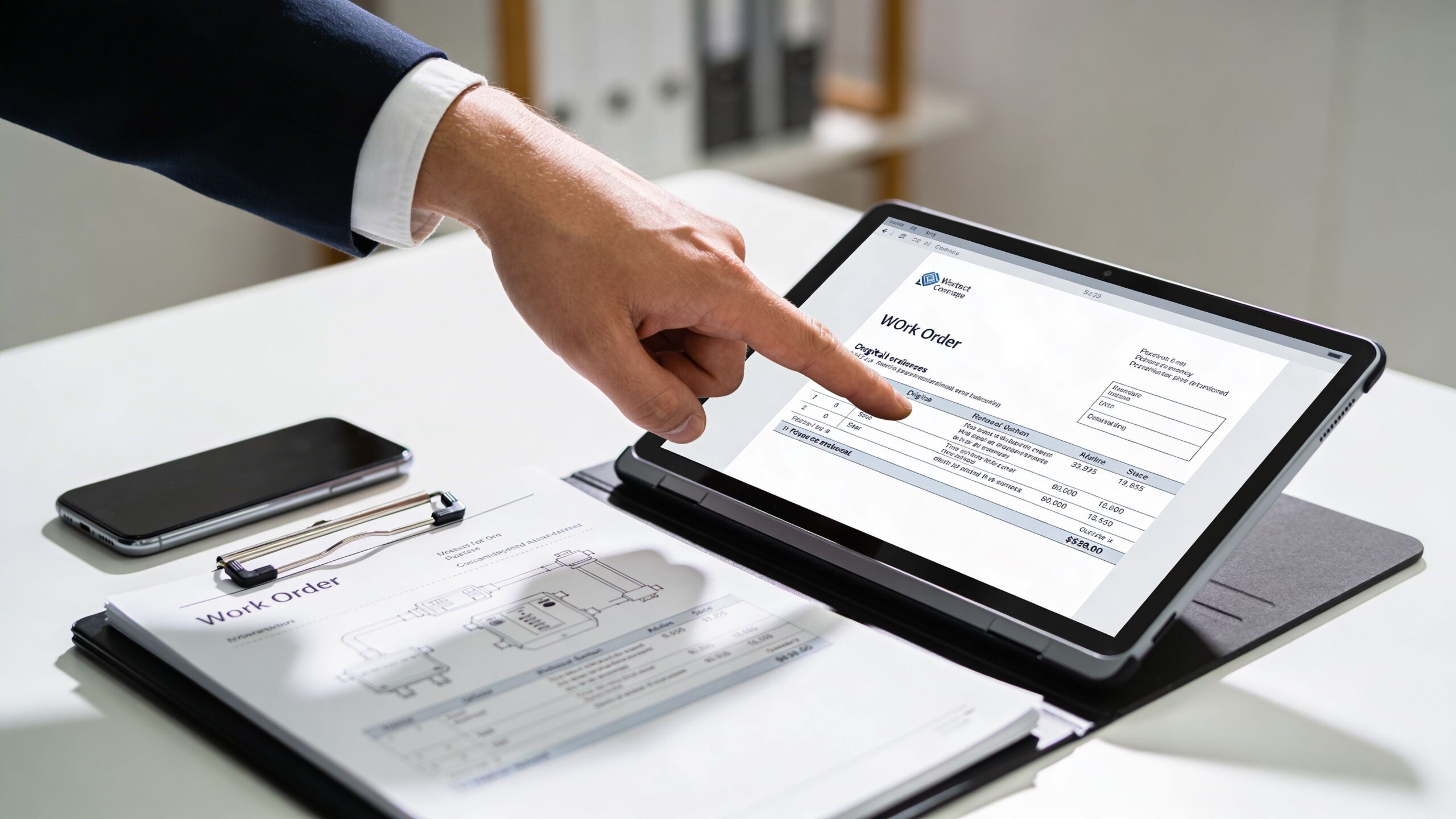 En professionel el-installatør gennemgår digitale arbejdsordrer på en tablet for at planlægge serviceopgaver i København.