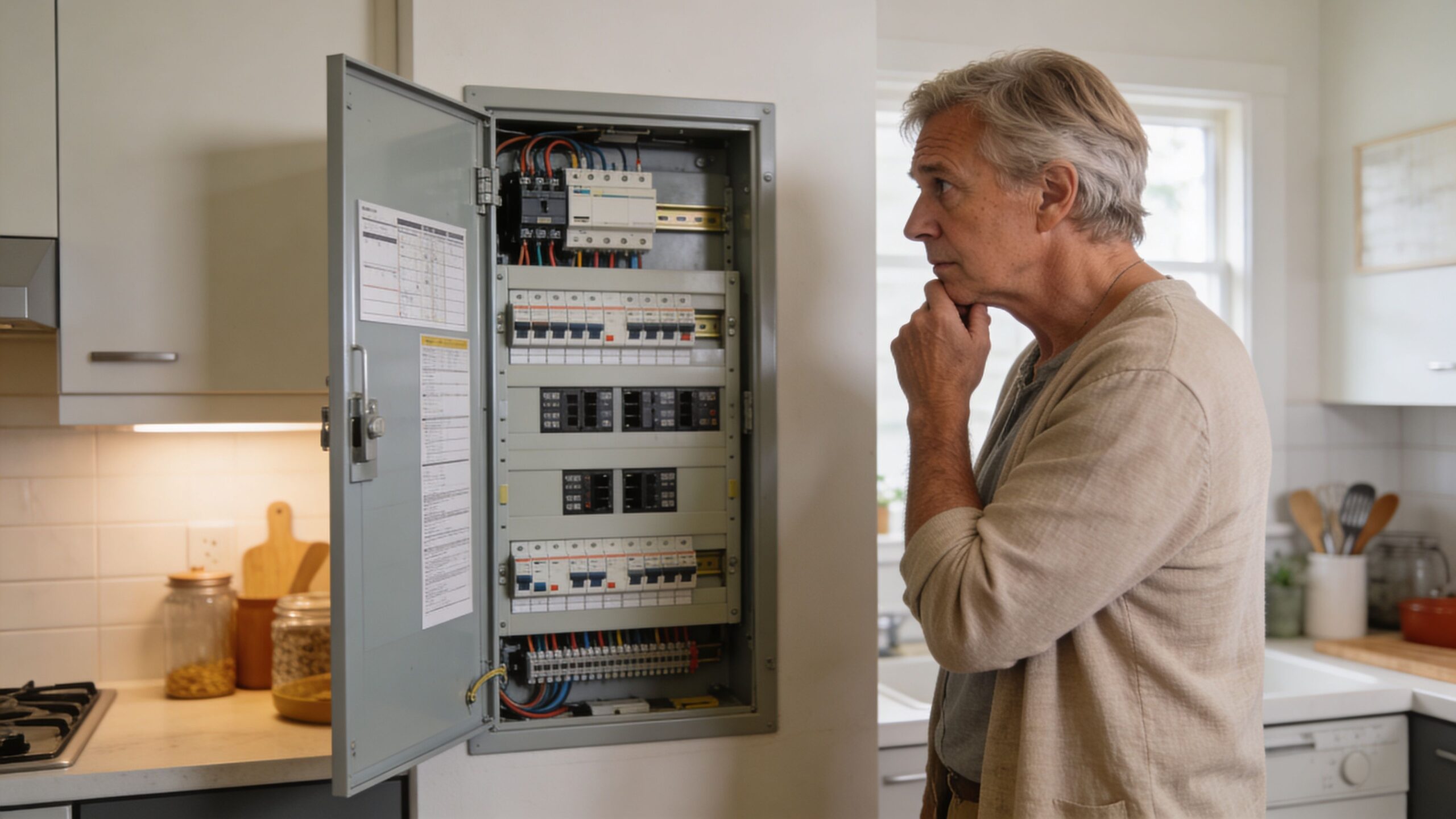 En moden mand står i et moderne køkken og undersøger bekymret sit åbne elektriske sikringsskab.