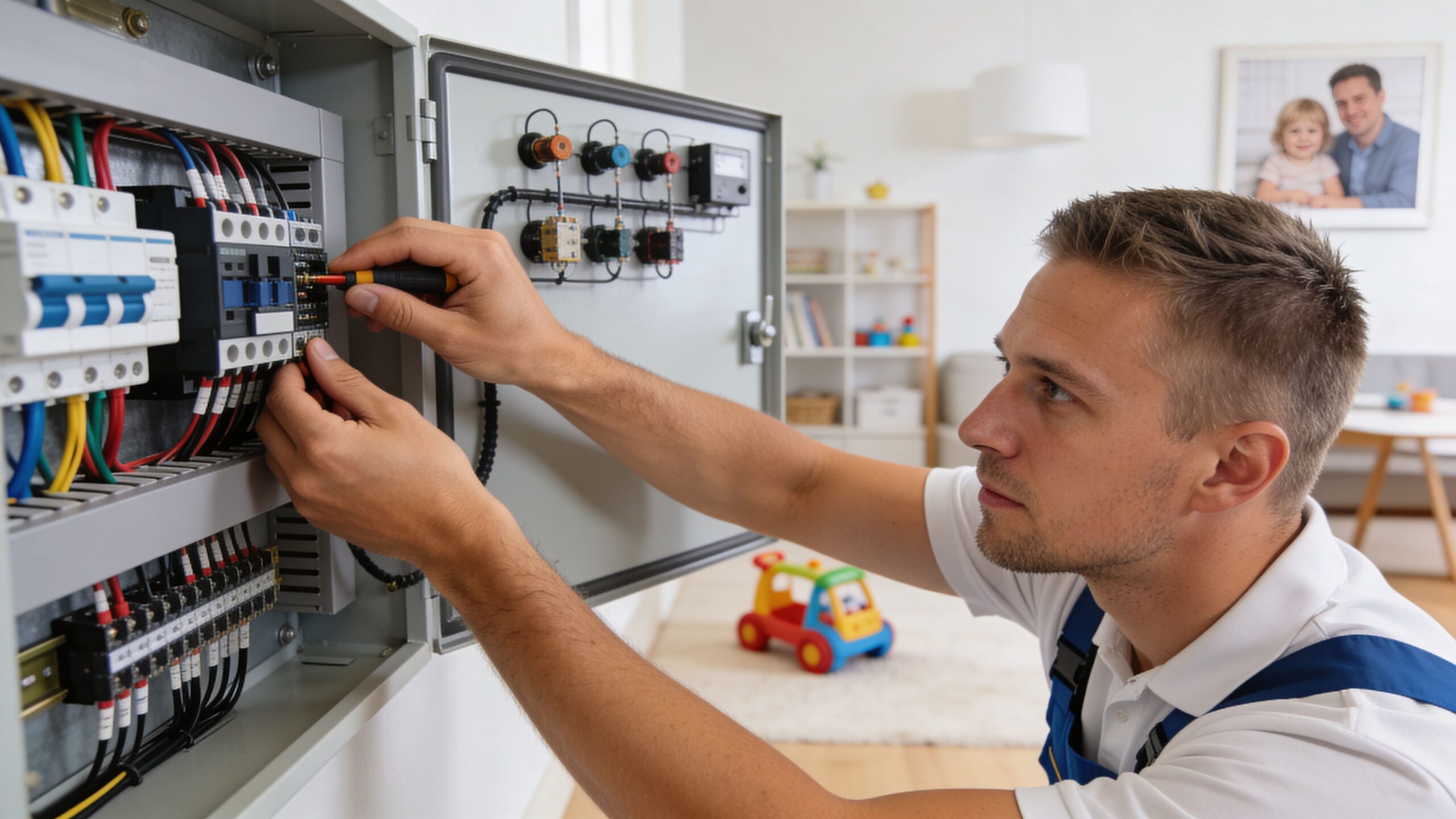 En professionel elektriker er i gang med at udføre præcist installationsarbejde i en elektrisk tavle i et hjem.