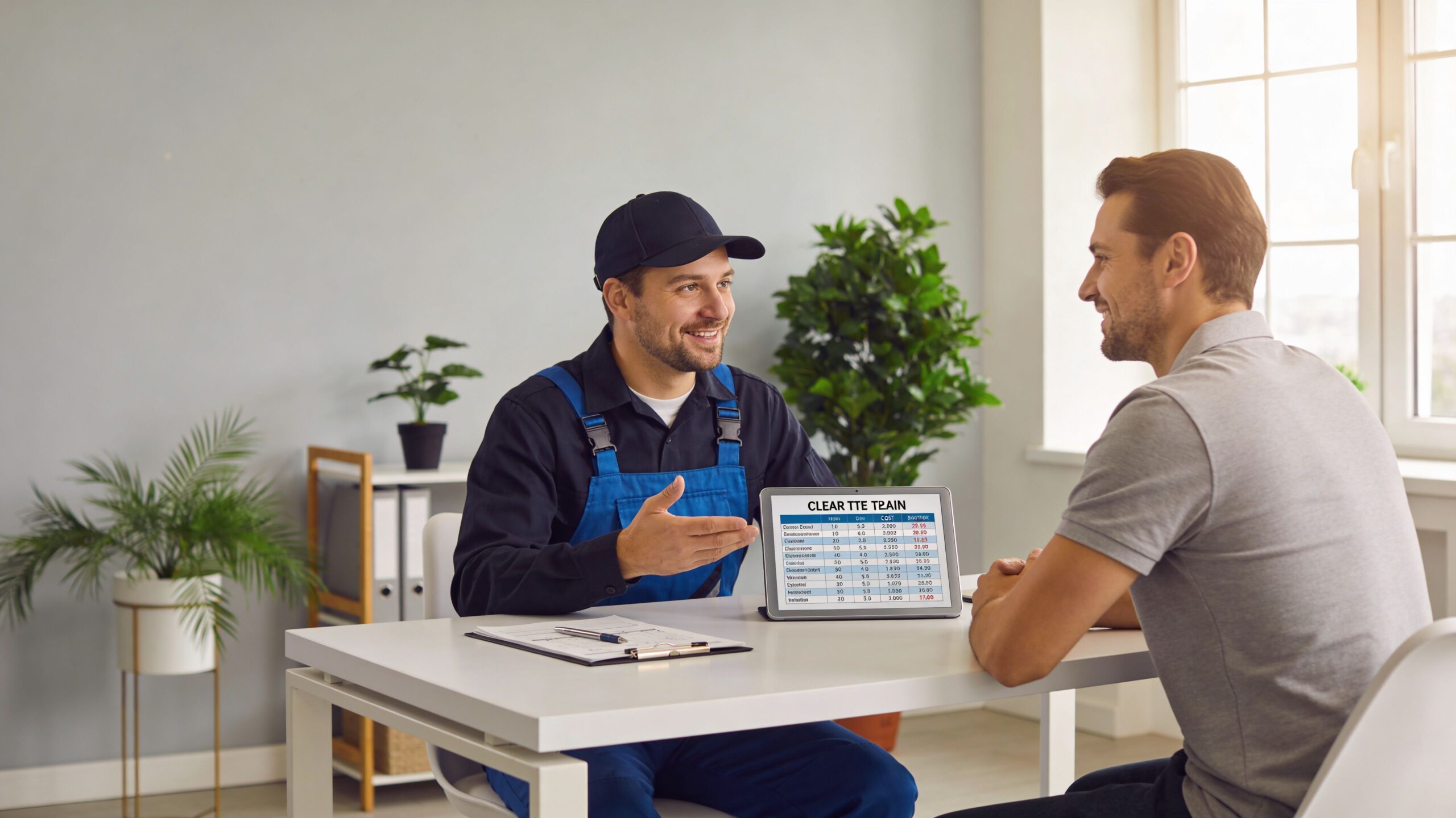 En professionel elektriker sidder ved et skrivebord og præsenterer et pristilbud på en tablet for en kunde.