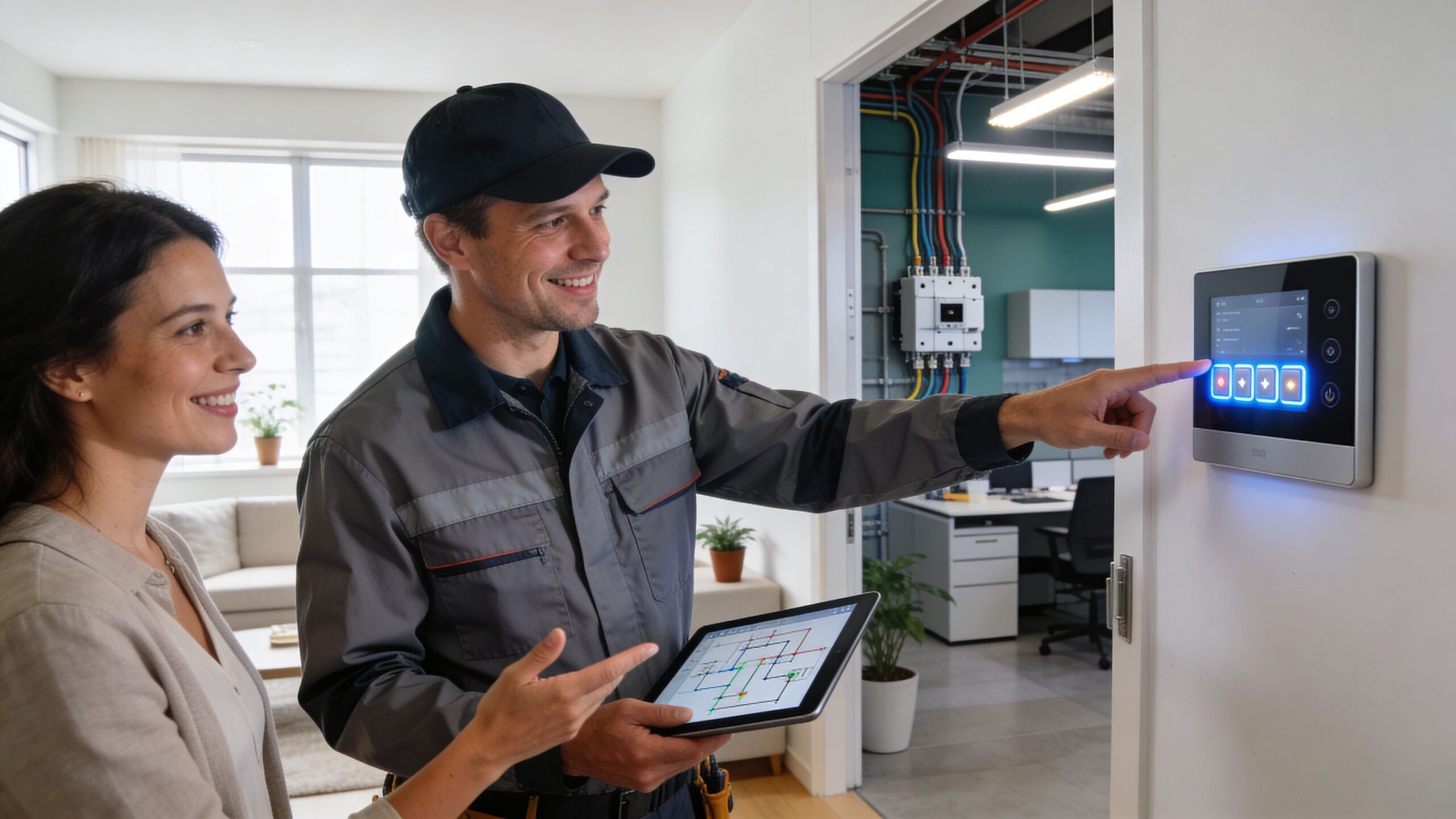 En professionel elinstallatør viser en kunde, hvordan man betjener et avanceret smart home kontrolpanel i hjemmet.