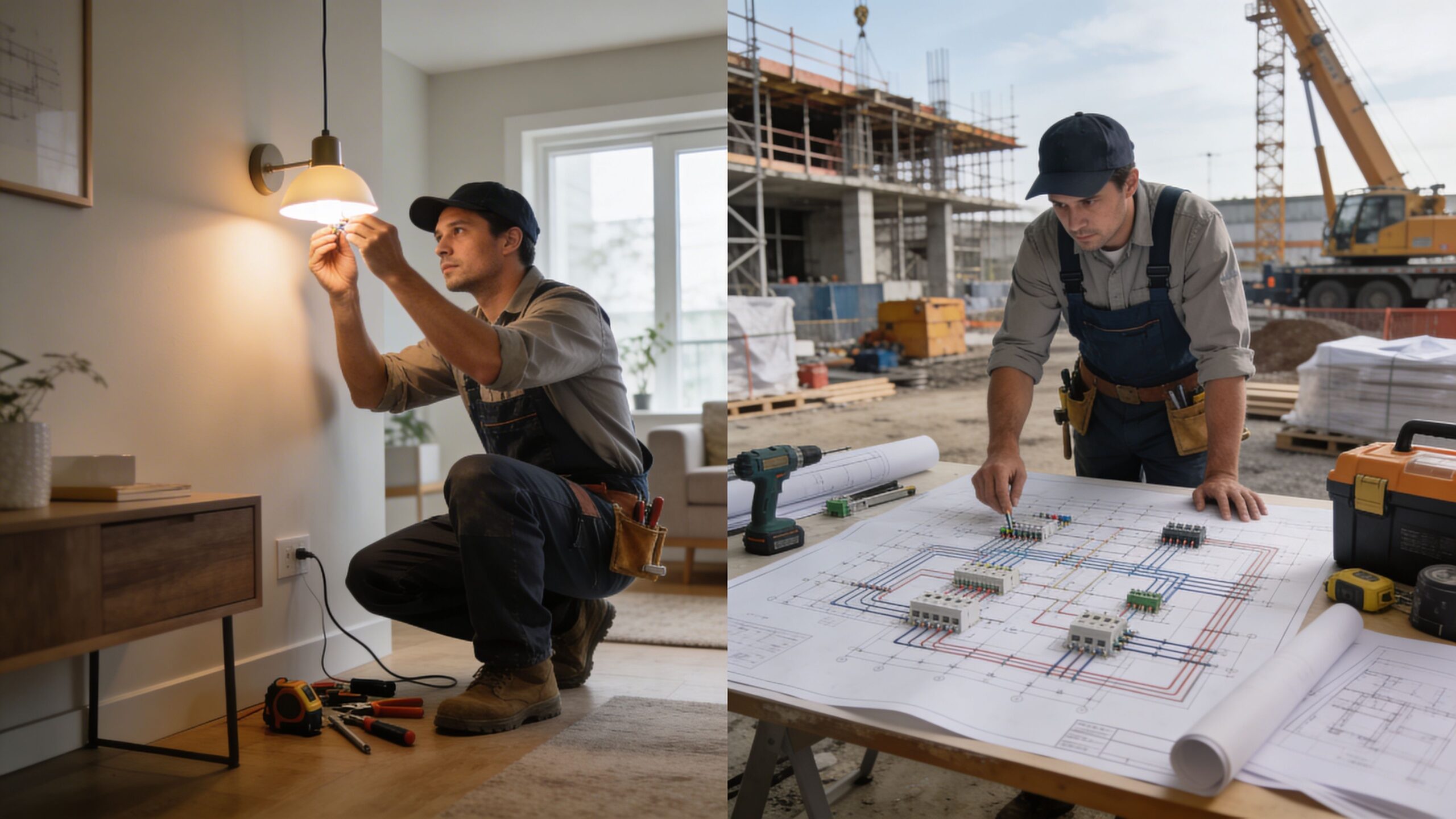 En professionel elektriker der installerer en lampe i et hjem og læser el-tegninger på en byggeplads.