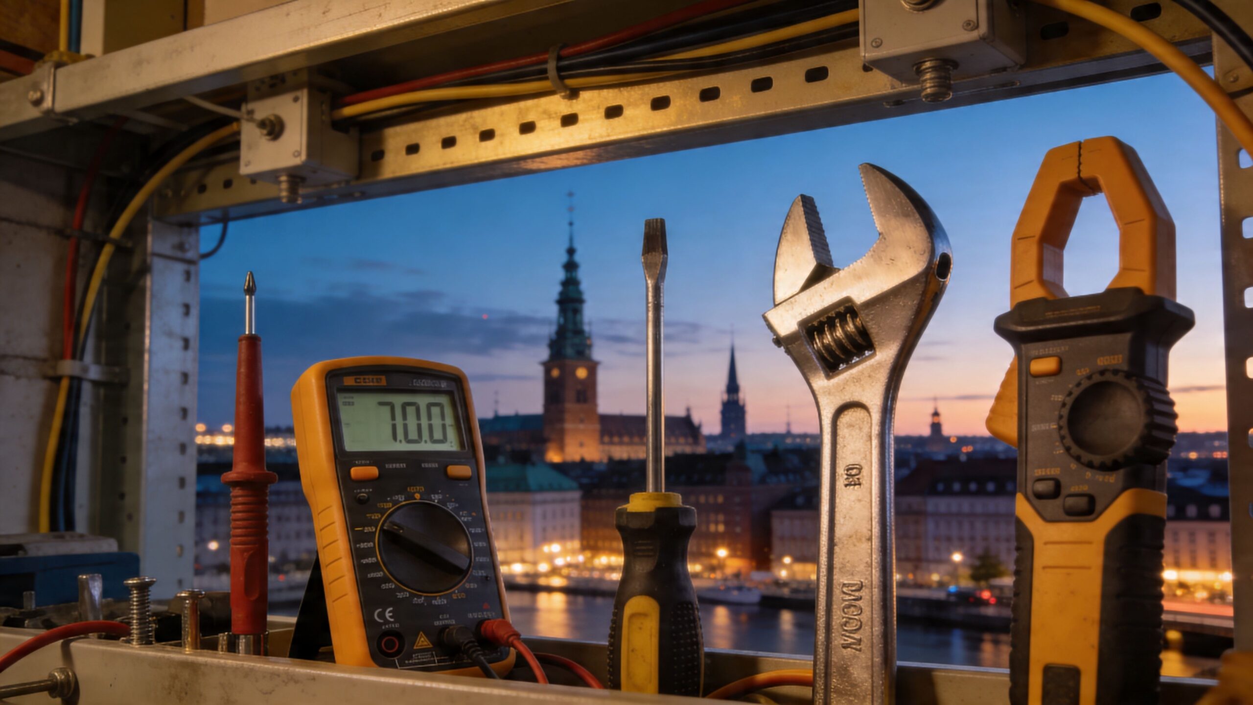 Diverse værktøj til elektrikere opstillet foran en flot udsigt over Stockholm by ved solnedgang.