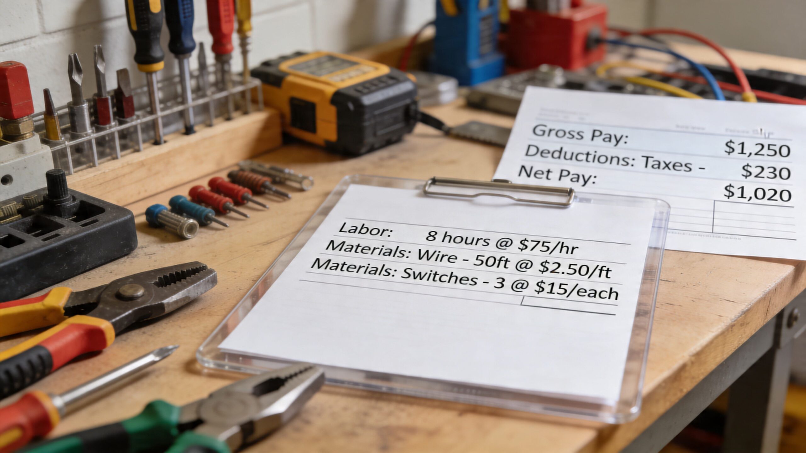 Et værktøjsbord med forskellige redskaber og dokumenter, der viser beregning af løn og materialer til elektrikerarbejde.