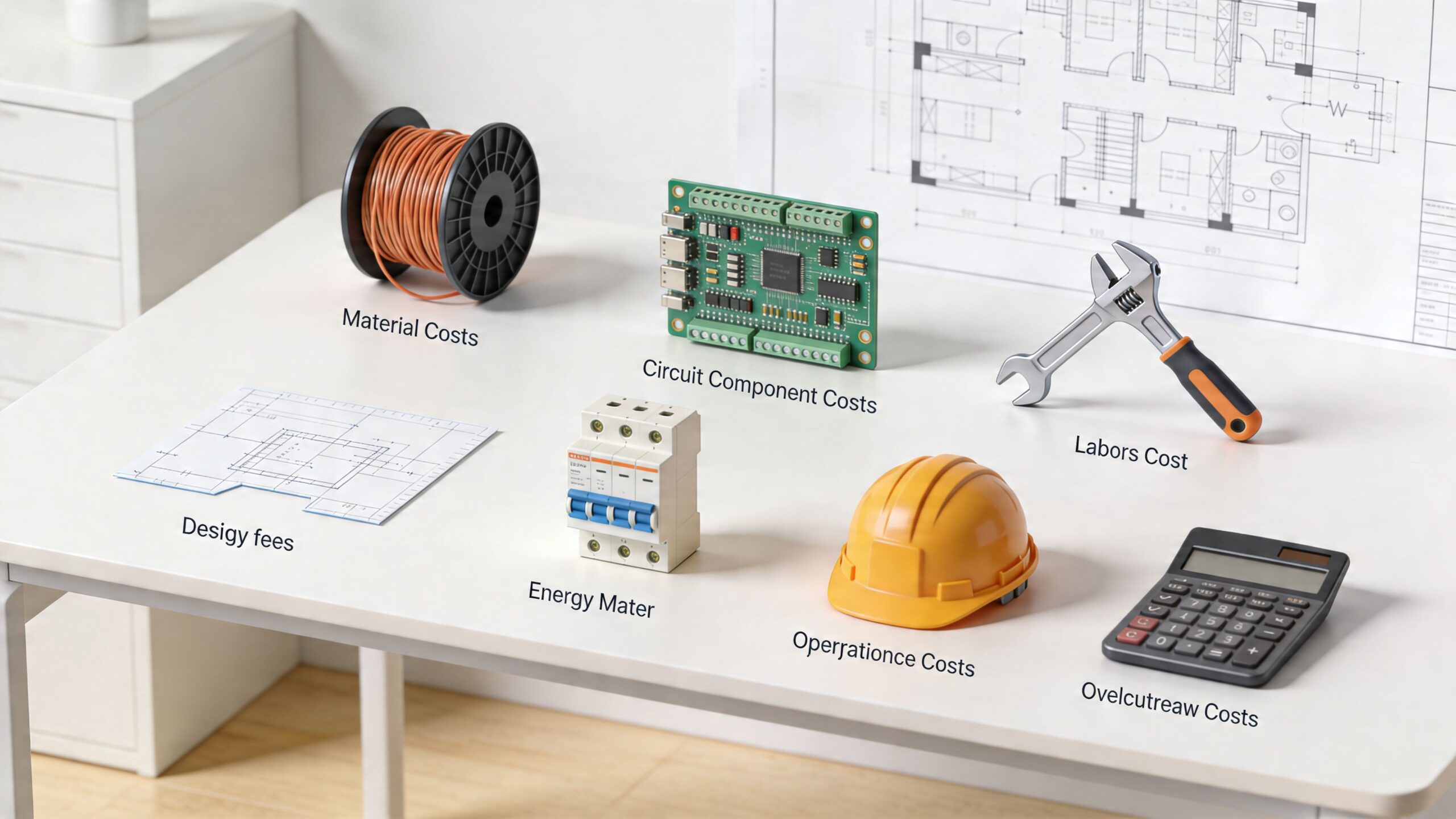 Et skrivebord med tegninger, værktøj, elektriske komponenter og en lommeregner til beregning af elektrikerens løn og omkostninger.