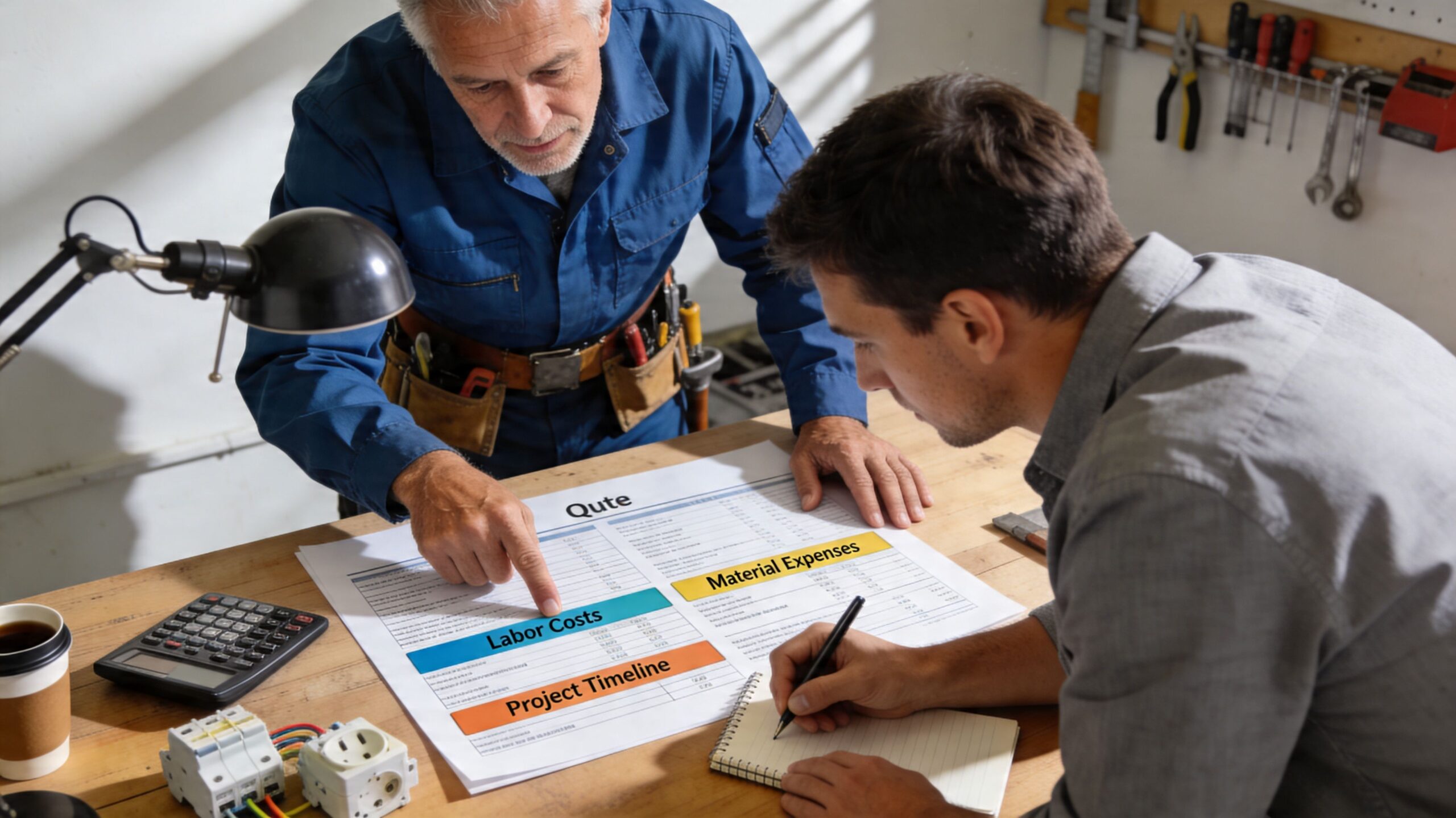 En ældre elektriker og en ung mand gennemgår et prisoverslag med fokus på lønomkostninger og materialer.