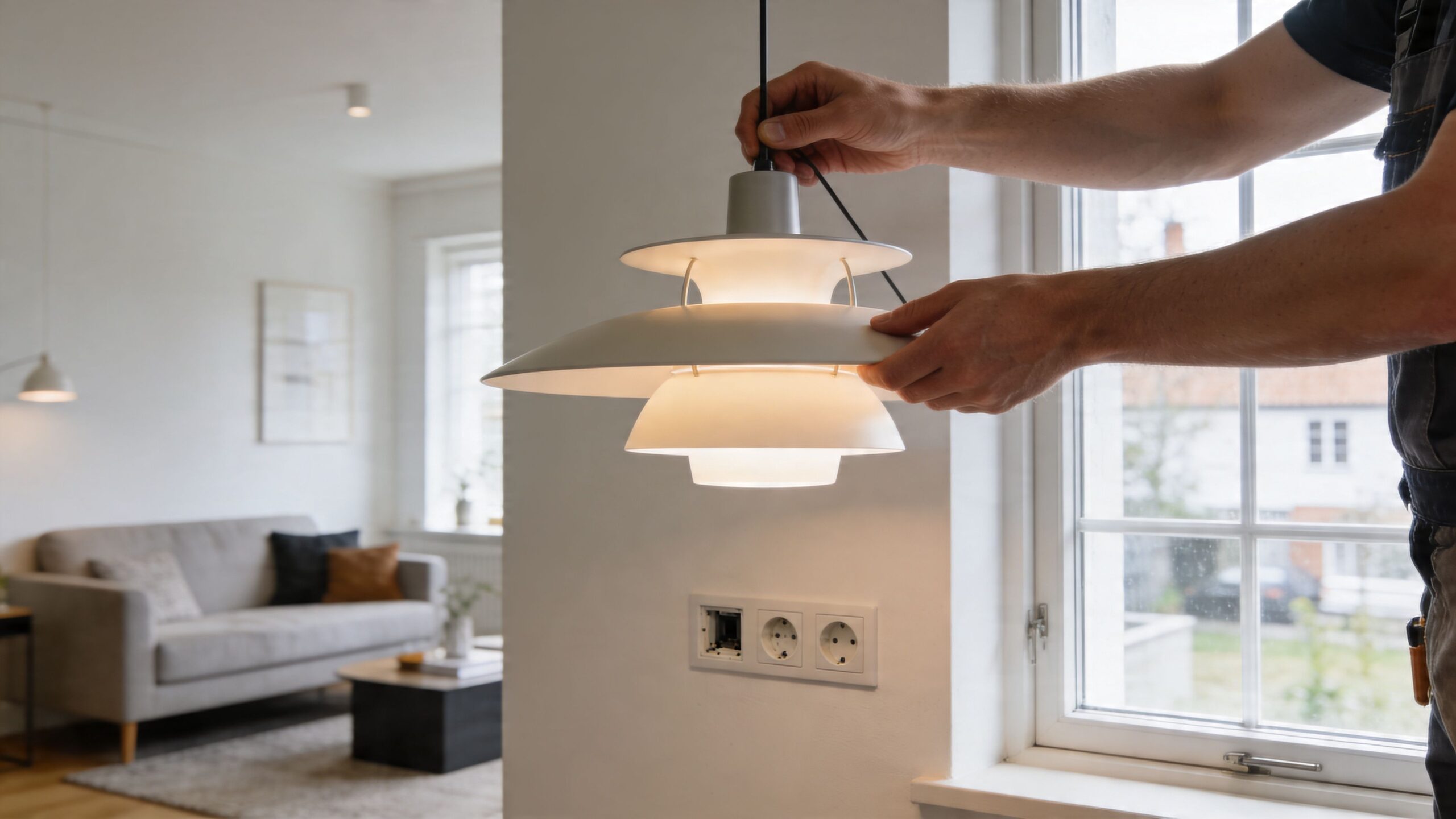En elektriker holder en moderne hvid pendellampe, mens han installerer belysning i et stilfuldt og lyst hjem.