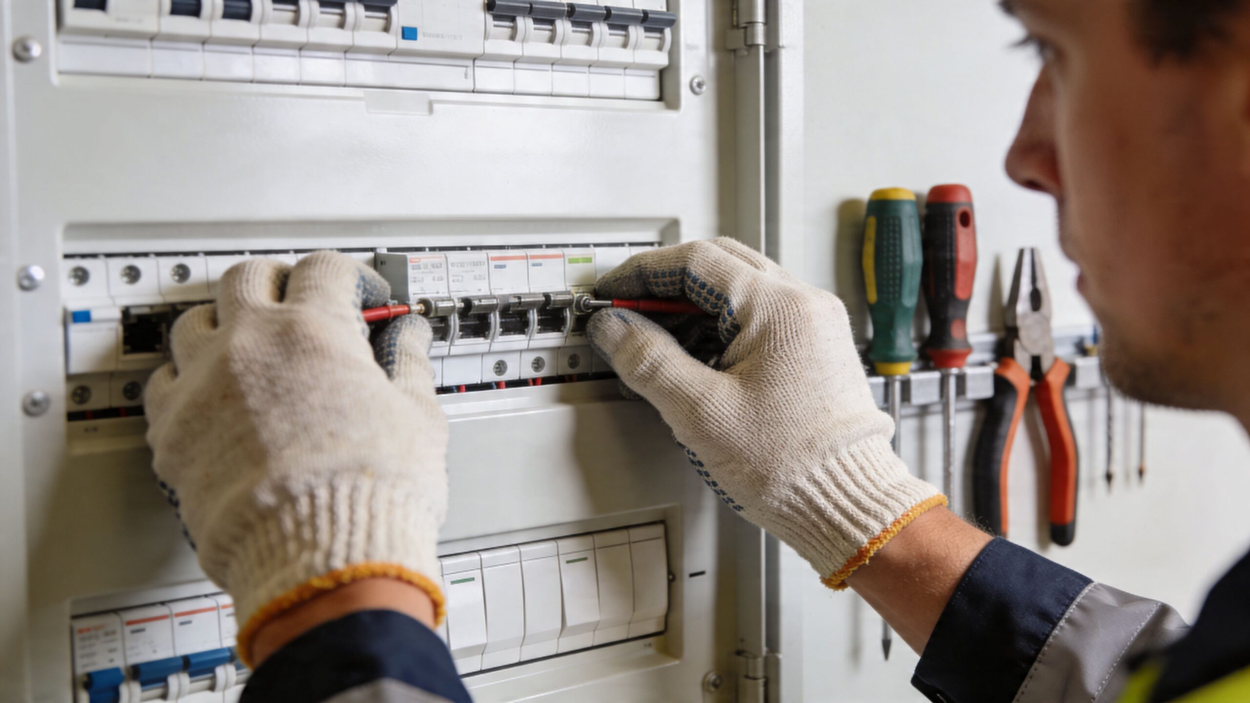 En professionel elektriker arbejder med et elektrisk sikringspanel ved hjælp af et måleapparat i et moderne elskab.