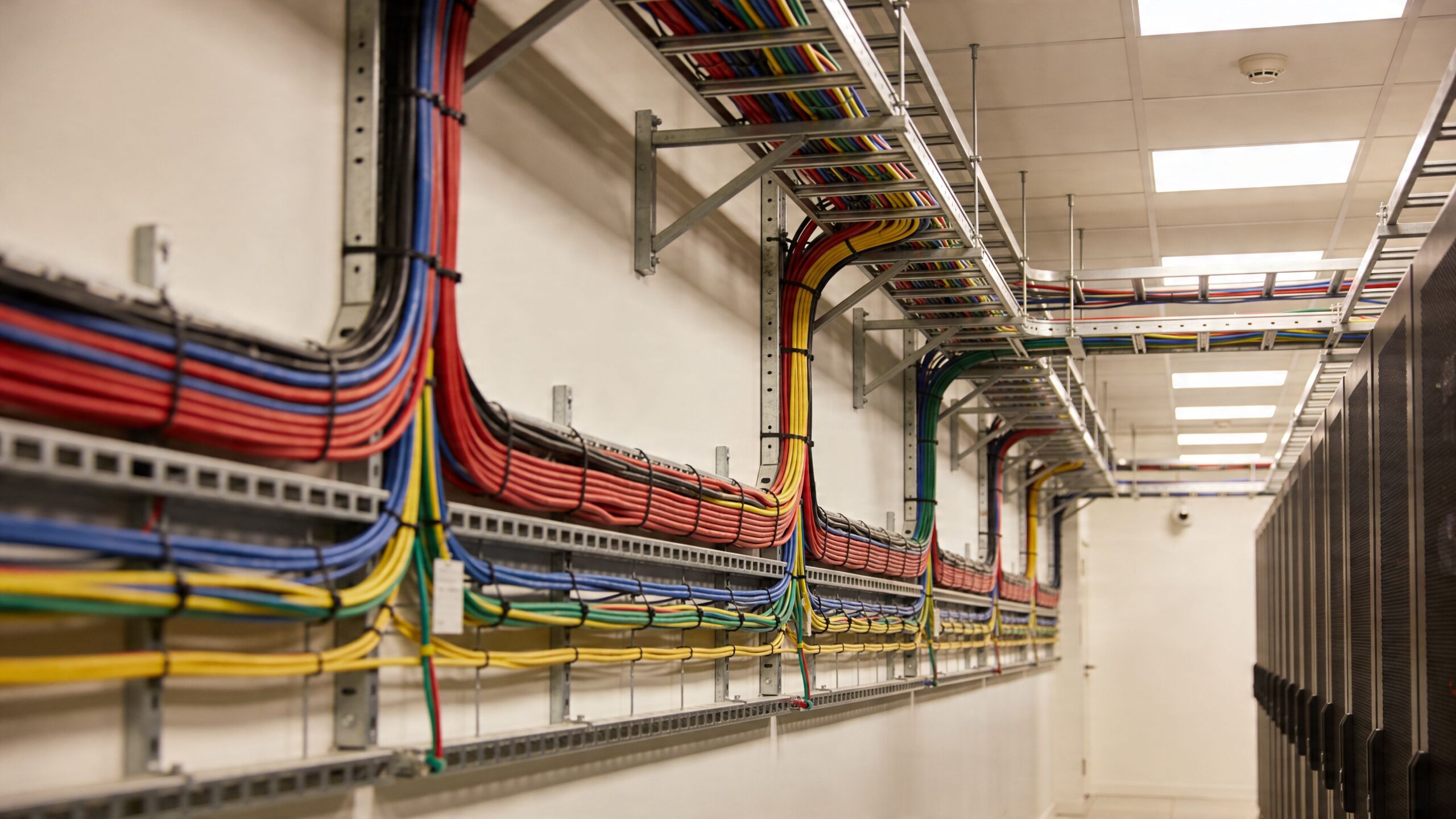 Organiserede elektriske kabler i en professionel serverrum-installation monteret på væggen i en moderne bygning.