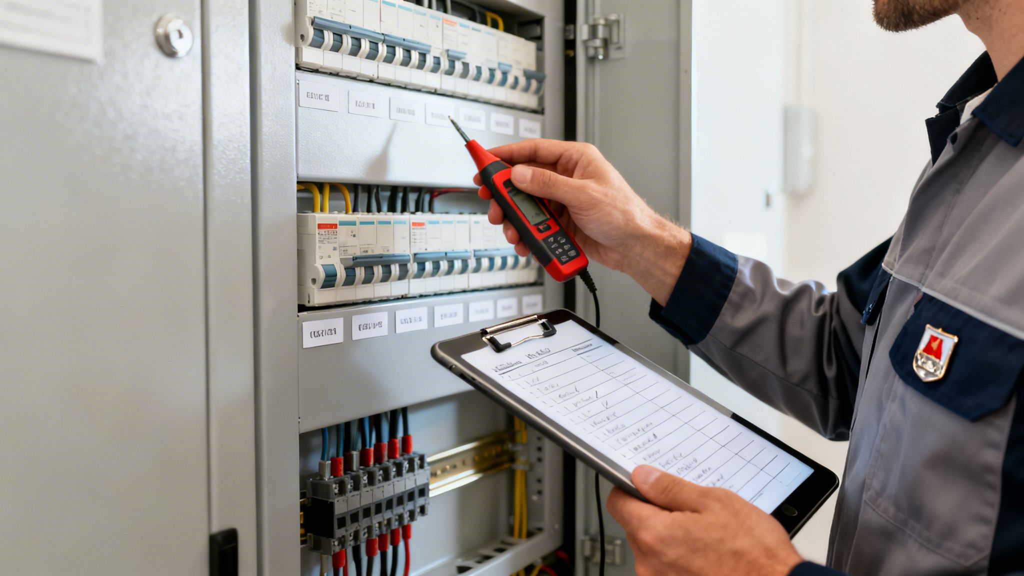 En elektriker måler strøm i et elskab med en multimeter og en tjekliste på en tablet.