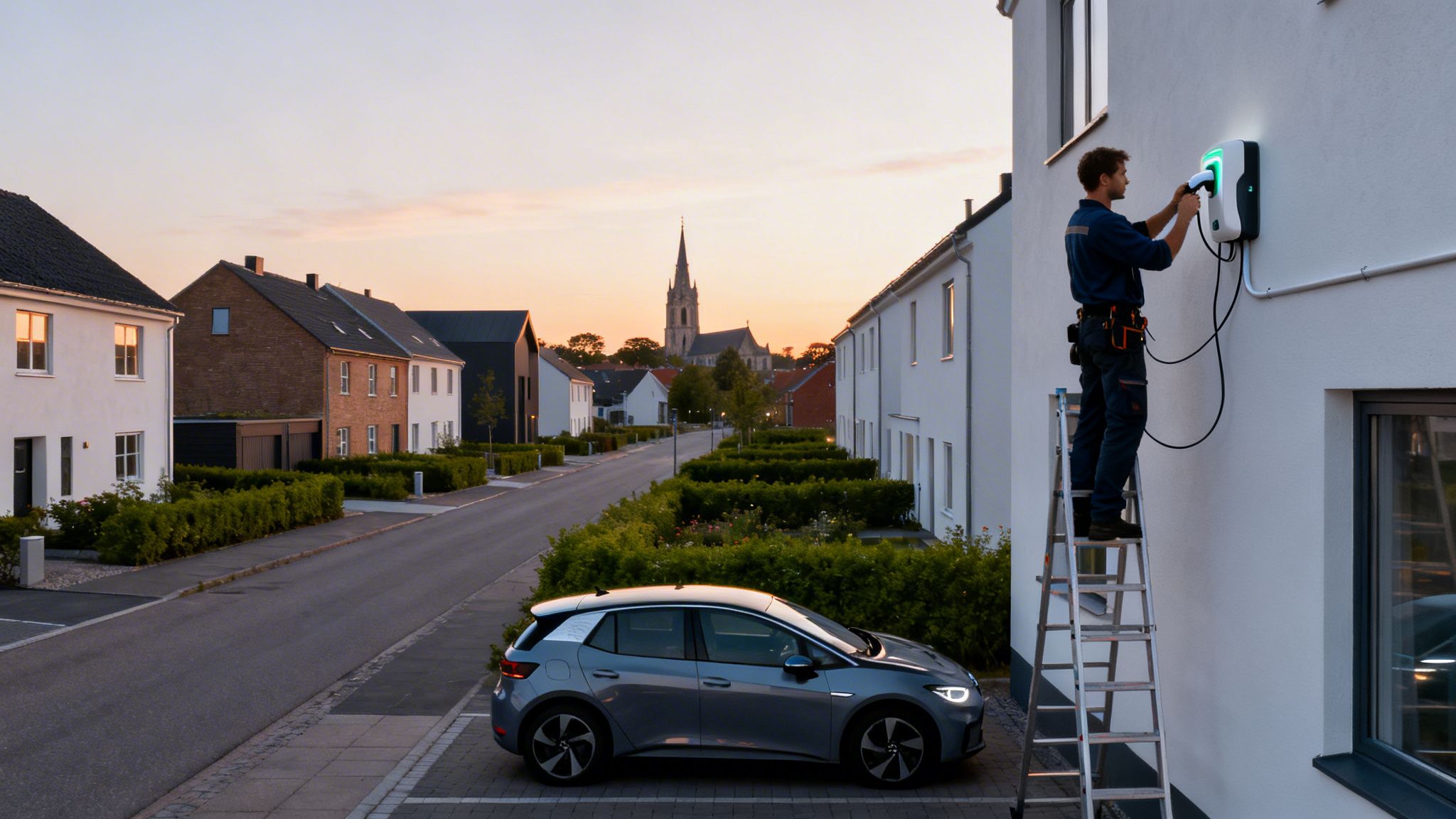 Elektriker installerer en elbiloplader på en husvæg ved solnedgang med en parkeret elbil og kirke i baggrunden.