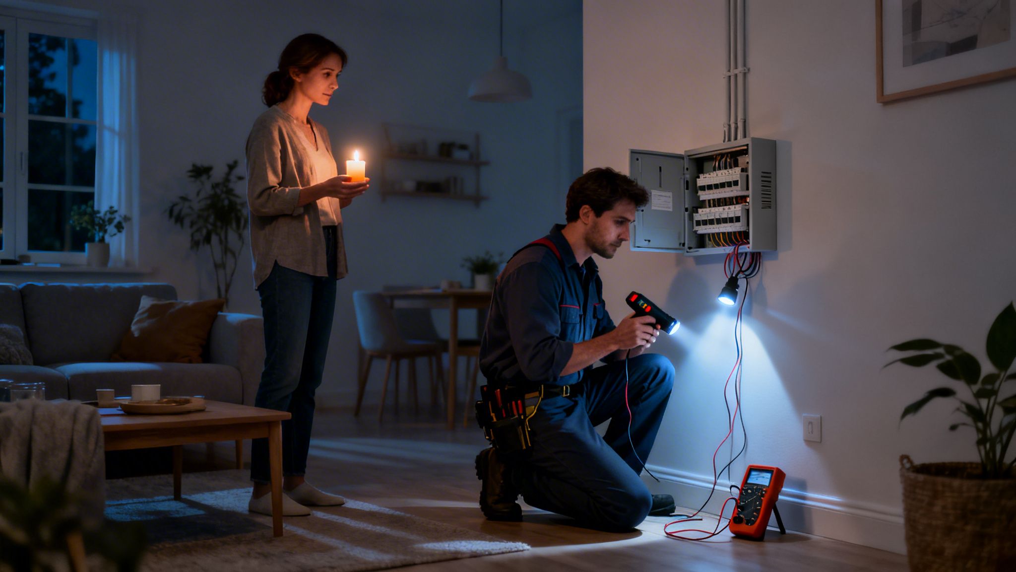 En elektriker reparerer et sikringsskab i et mørkt rum, mens en kvinde holder et stearinlys.