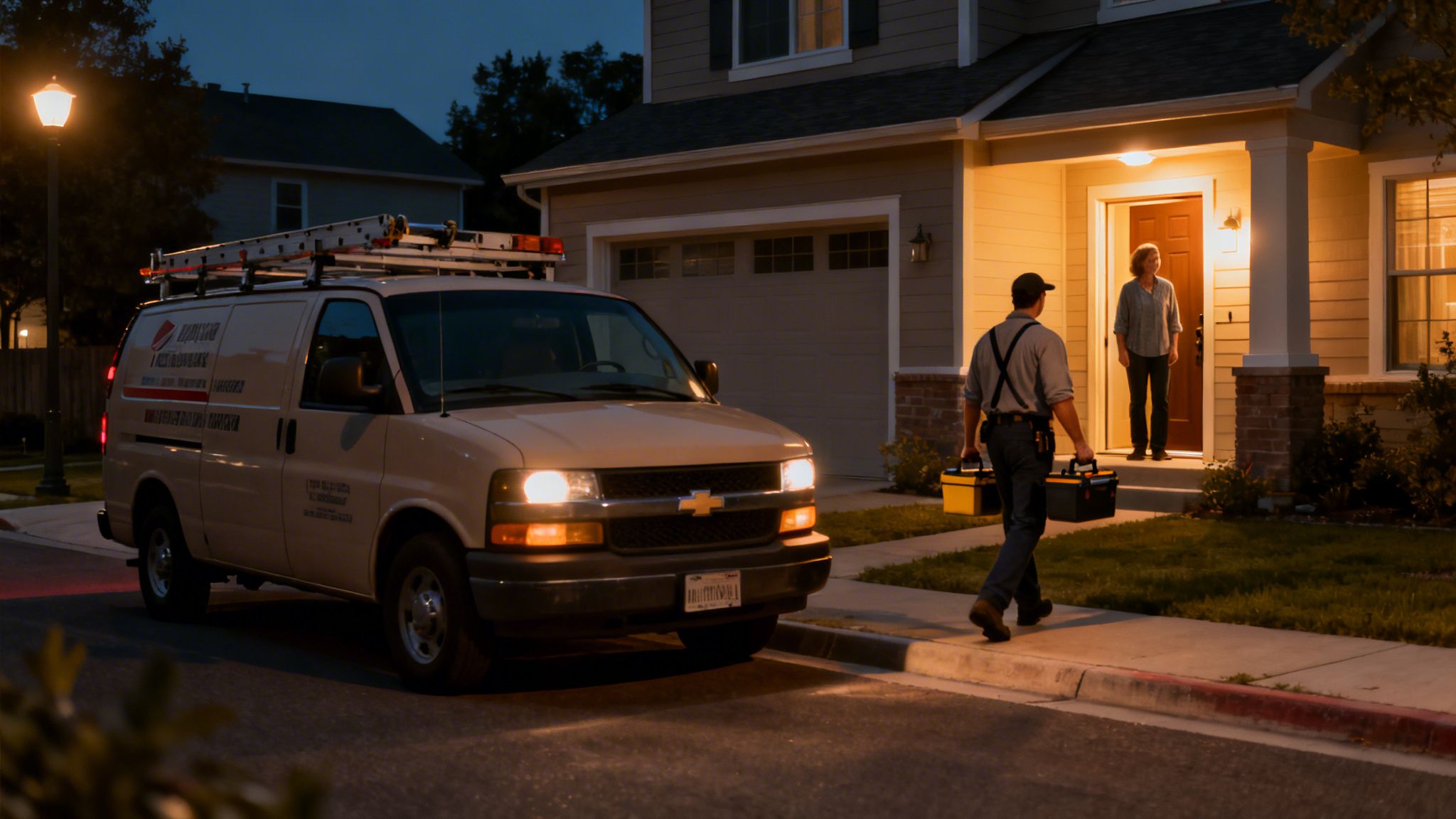En elektriker med værktøjskasser går mod et hus, hvor en kvinde venter i døren. En servicevogn er parkeret.