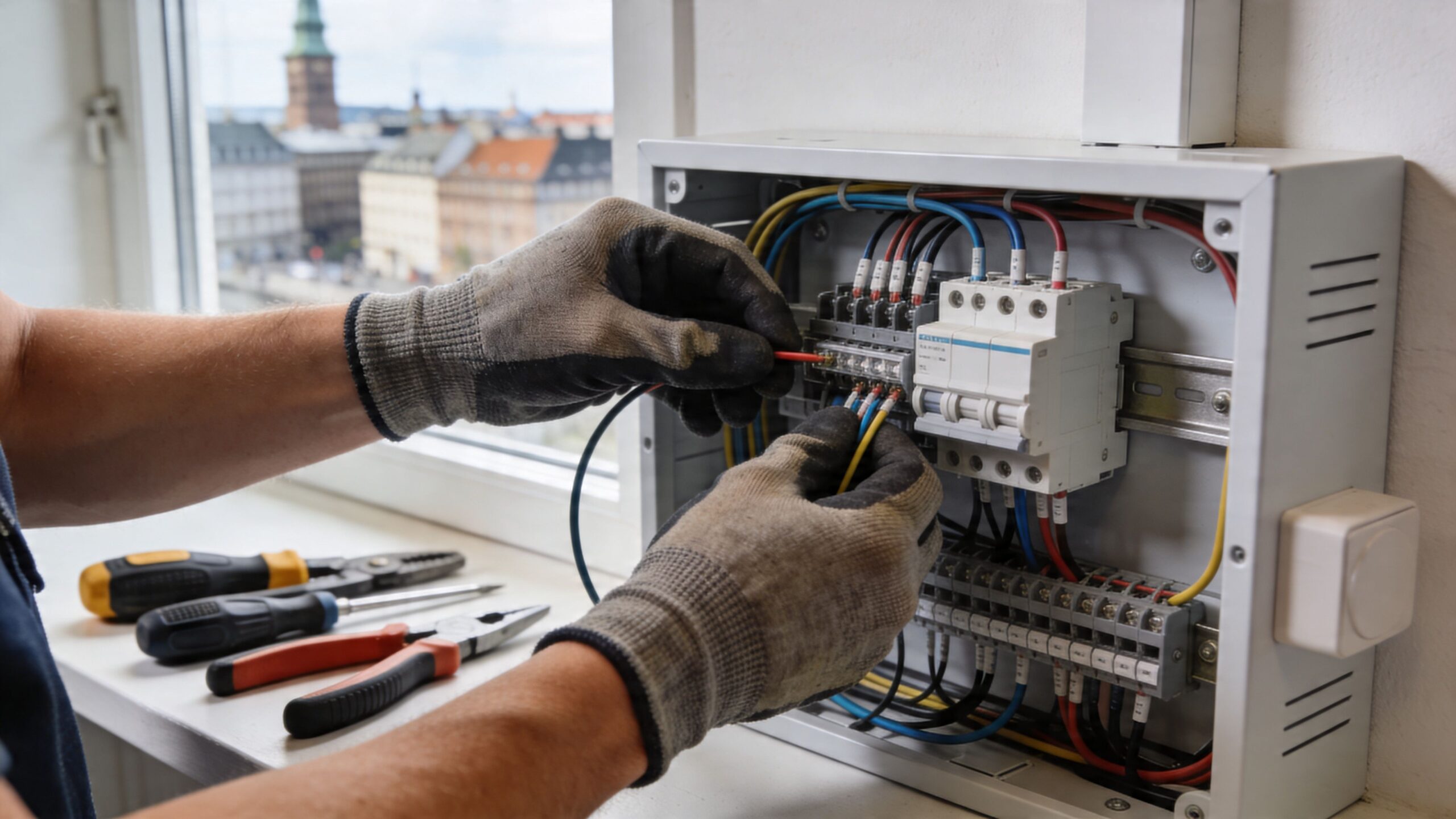 En elektriker arbejder på en el-tavle i København med værktøj og byudsigt i baggrunden.