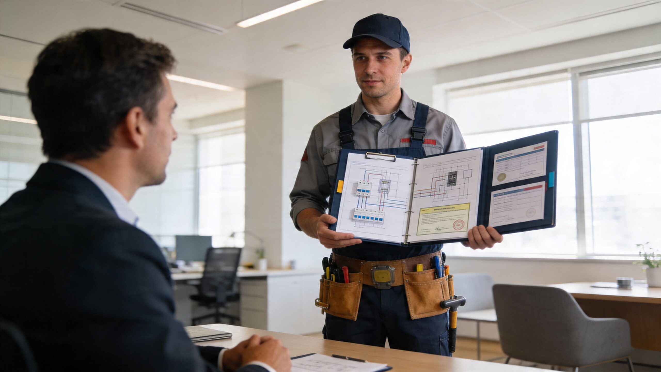 En professionel elektriker fremviser et teknisk ledningsdiagram for en forretningsmand under et møde på et kontor.