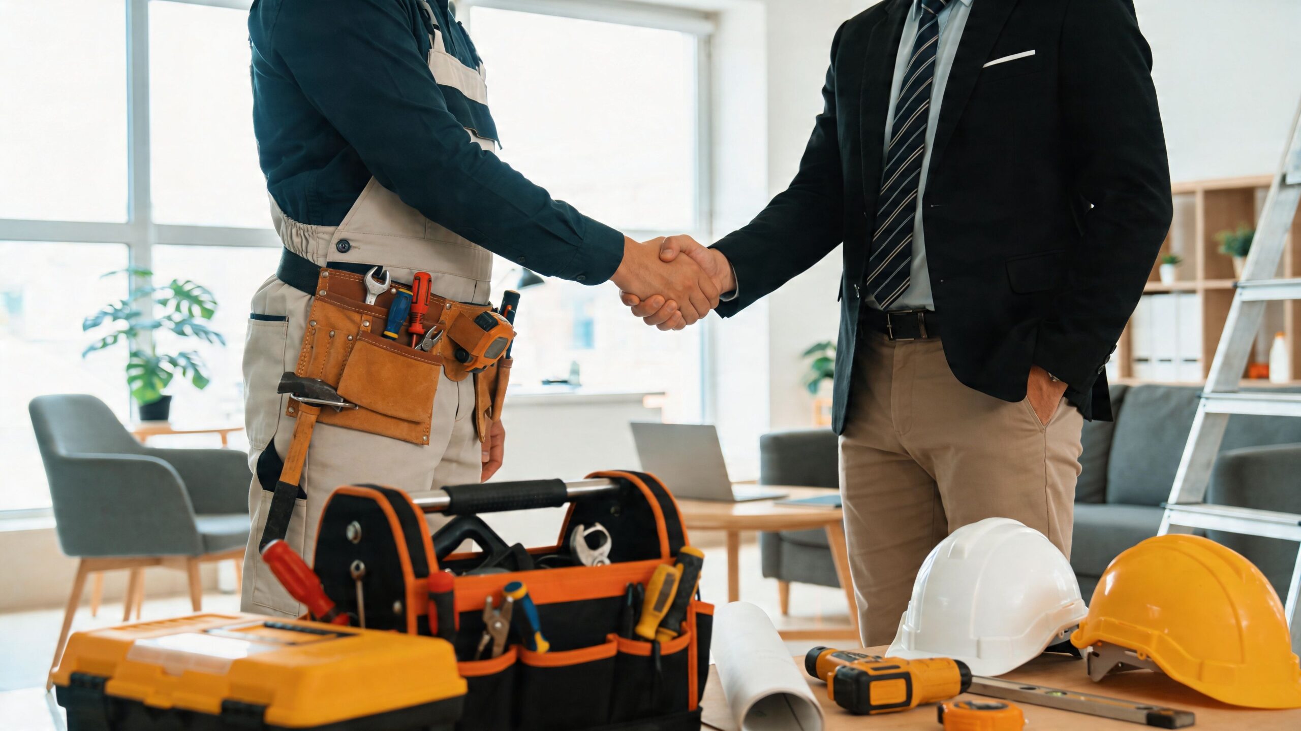 En professionel elektriker i arbejdstøj giver hånd til en forretningsmand i jakkesæt på et byggekontor.