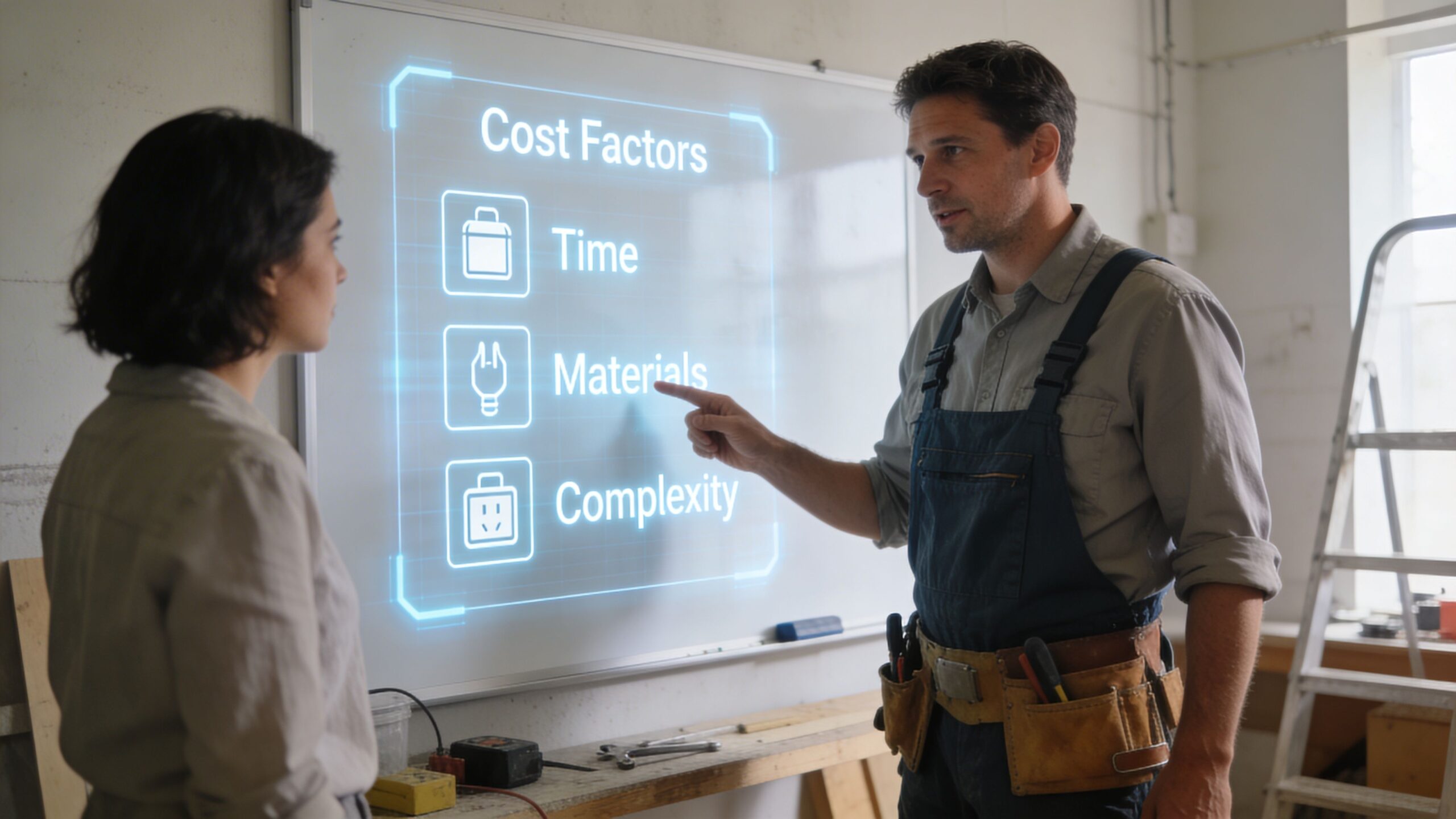 En elektriker forklarer faktorer for prissætning, såsom tid, materialer og kompleksitet, til en kunde foran en tavle.