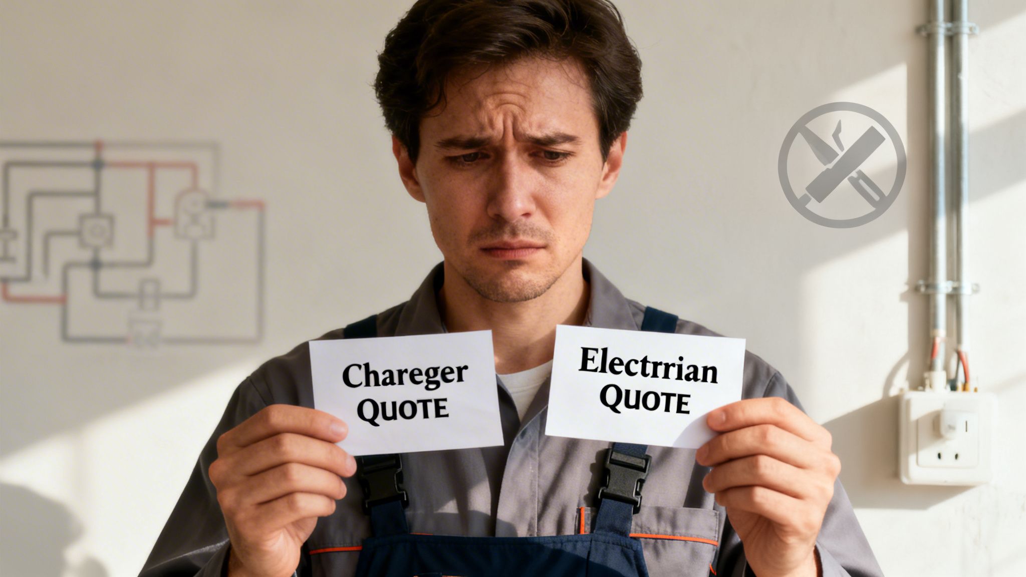 En forvirret elektriker holder skilte med ordene "Chareger QUOTE" og "Electrrian QUOTE" og ser modløs ud.