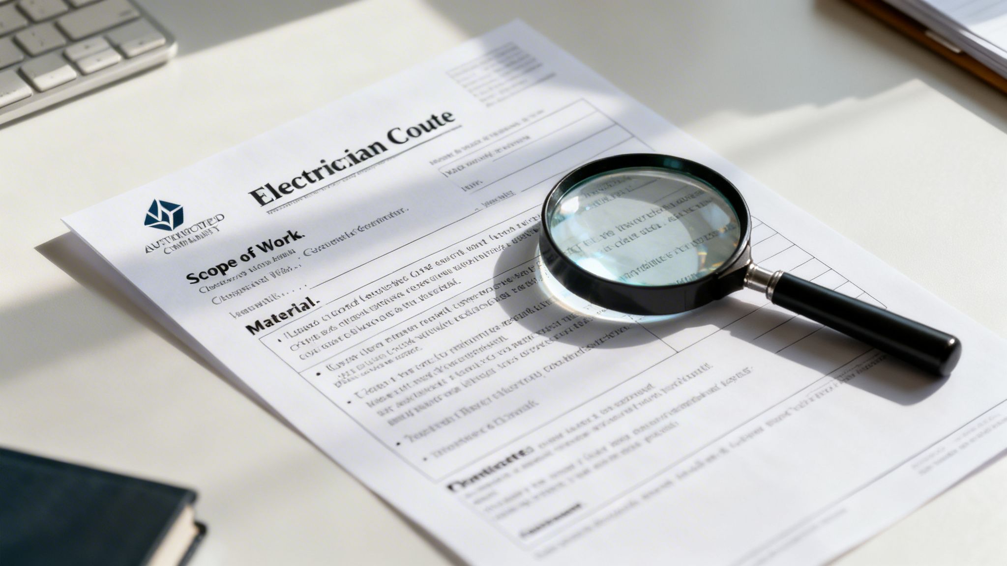 Et dokument med overskriften Electrician Coute og et forstørrelsesglas placeret ovenpå på et hvidt skrivebord.