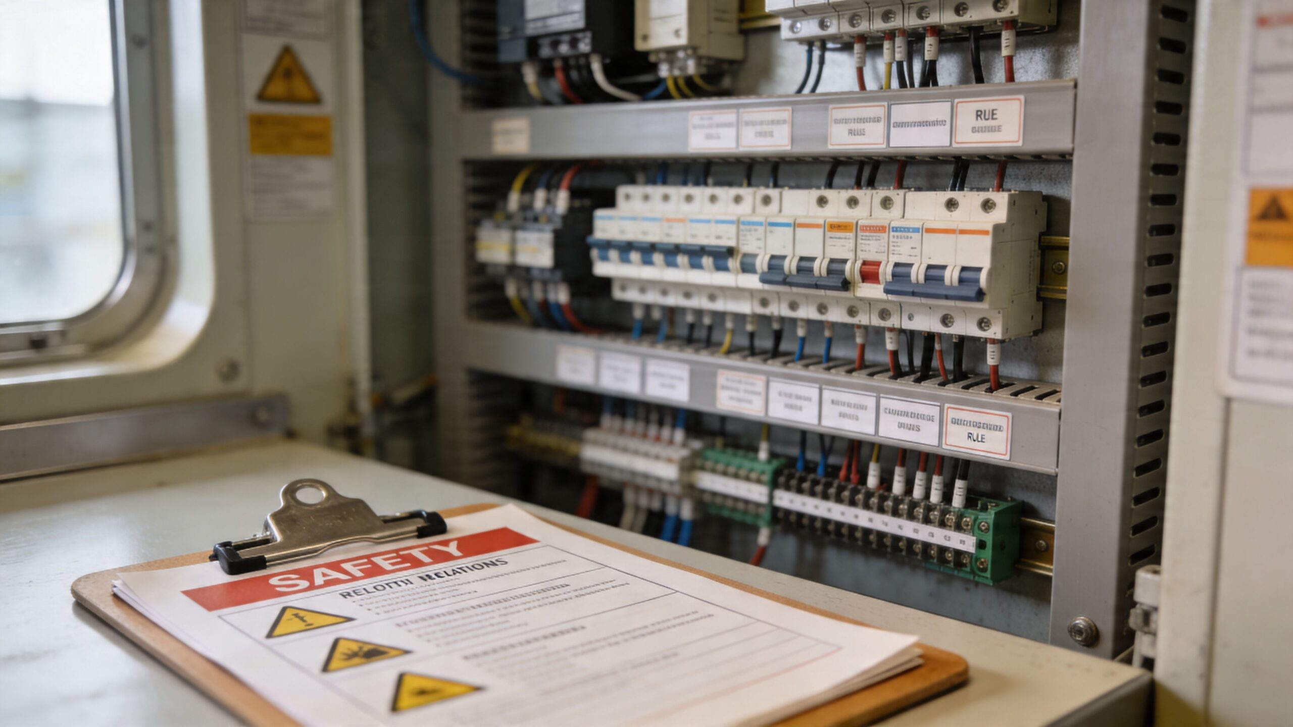 Et elektrisk kontrolpanel med sikringer og en sikkerhedsvejledning på en udklipsholder placeret i et teknikrum.