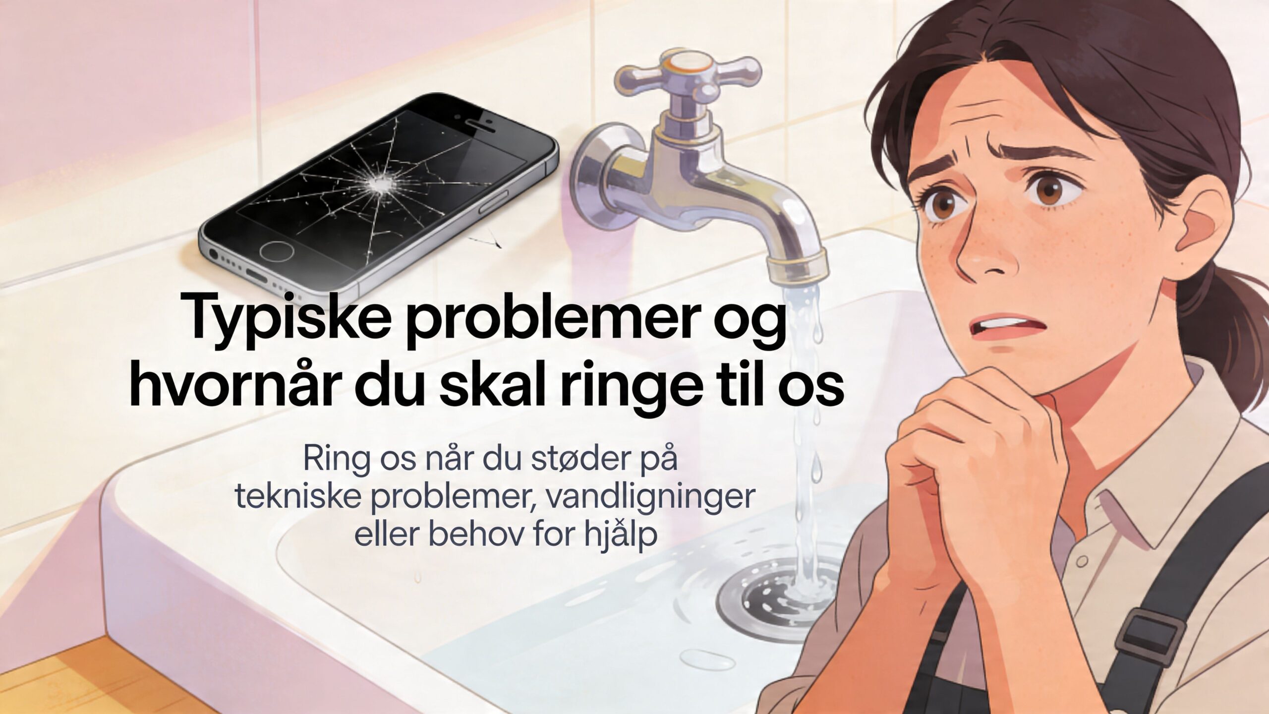 En kvinde ser bekymret ud ved en håndvask ved siden af en telefon med en knust skærm.