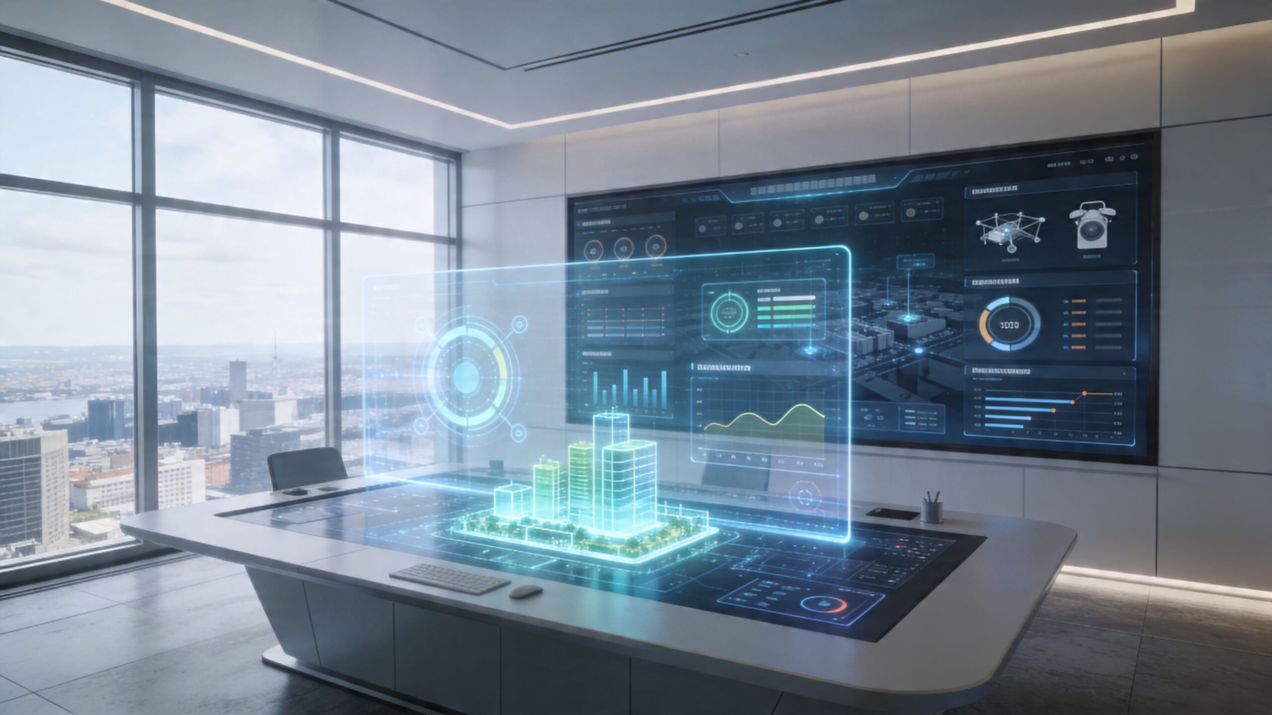Et futuristisk kontor med en holografisk bymodel på et stort bord foran en interaktiv digital storskærm.