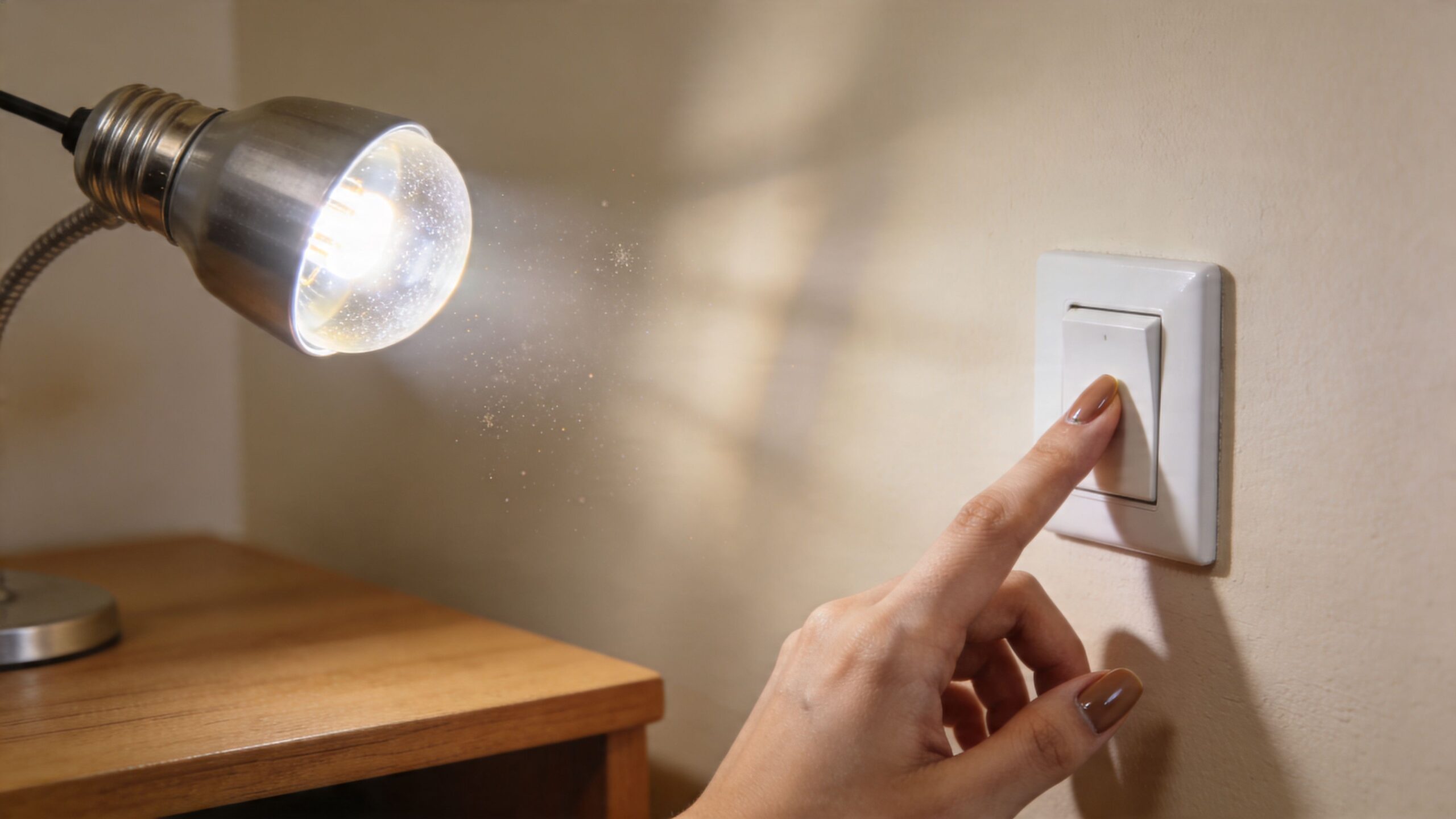 En kvinde tænder lyset med en vægkontakt, mens en tændt bordlampe lyser op ved siden af hende.