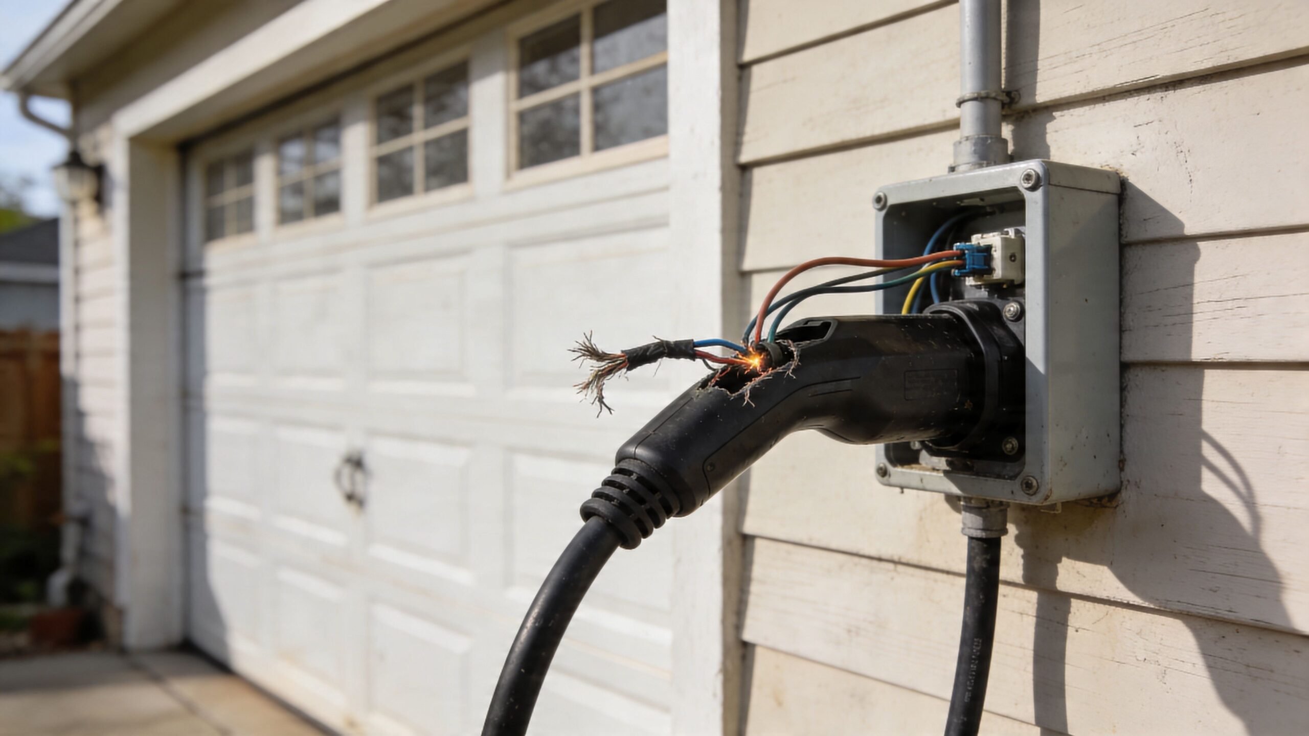 En ødelagt elbiloplader med synlige, gnistrende elektriske ledninger monteret på en husvæg nær en garageport.