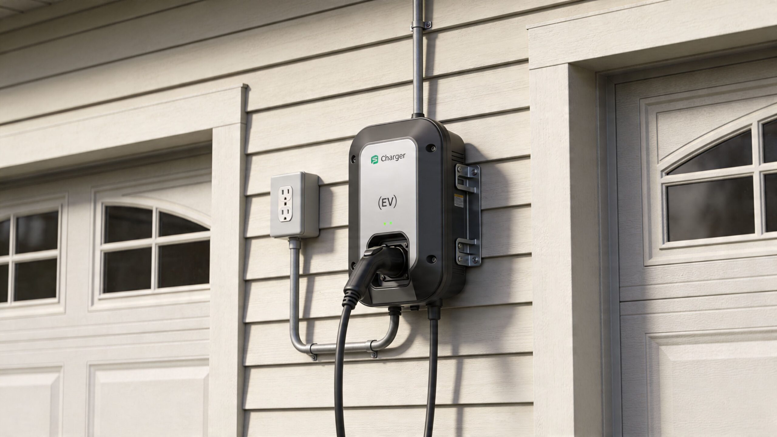 En elektrisk ladestander til elbil monteret på en husvæg ved siden af en garage med to vinduer.