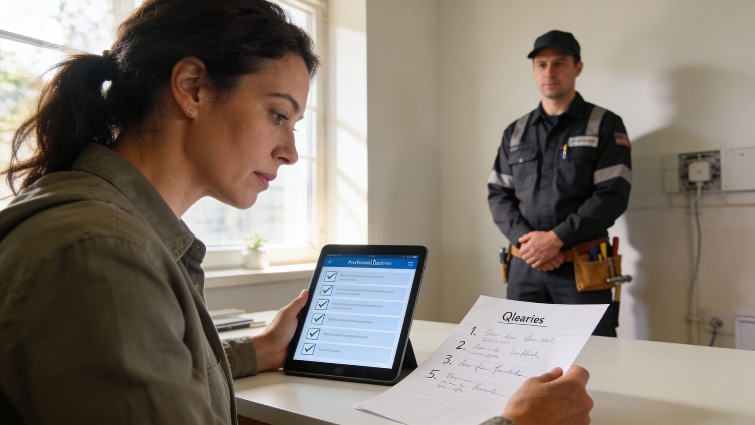 En kvinde gennemgår en tjekliste på en tablet og papir sammen med en elektriker i et rum.