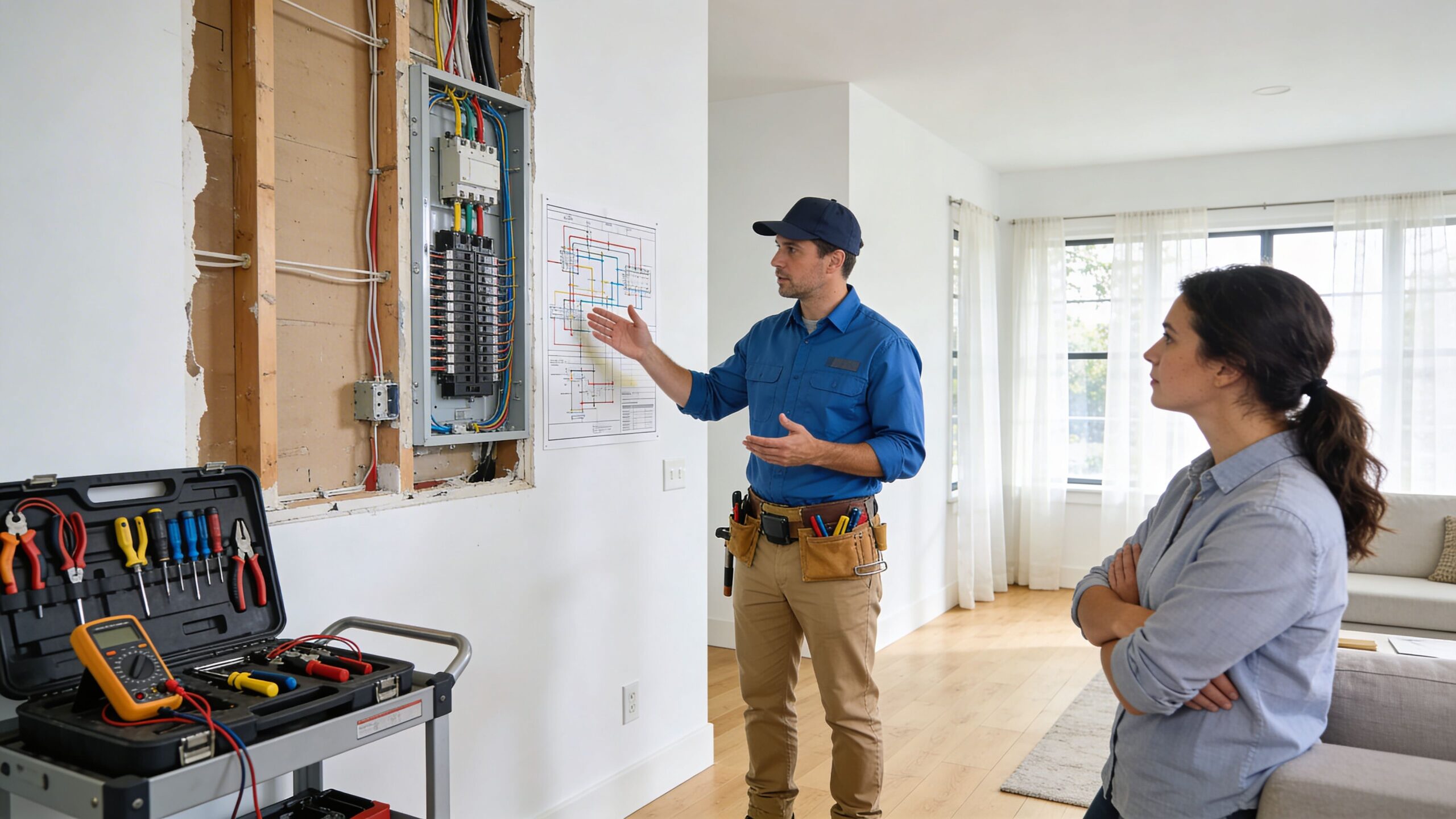 En elektriker forklarer el-diagrammet til en kunde ved en åben el-tavle i et moderne hjem.