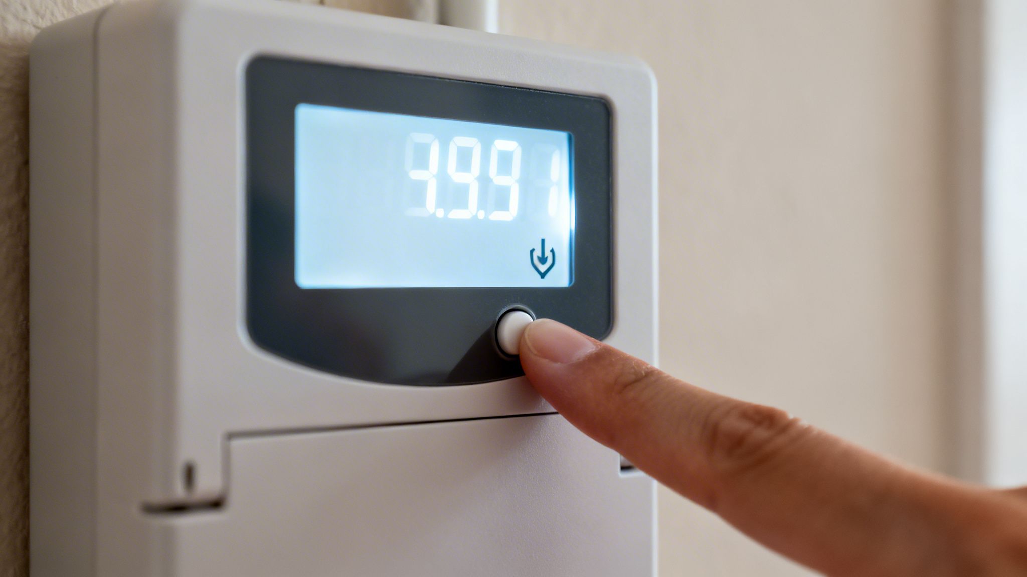 En hånd trykker på knappen på en digital elmåler, der viser 9.9.9 og en pil ned.