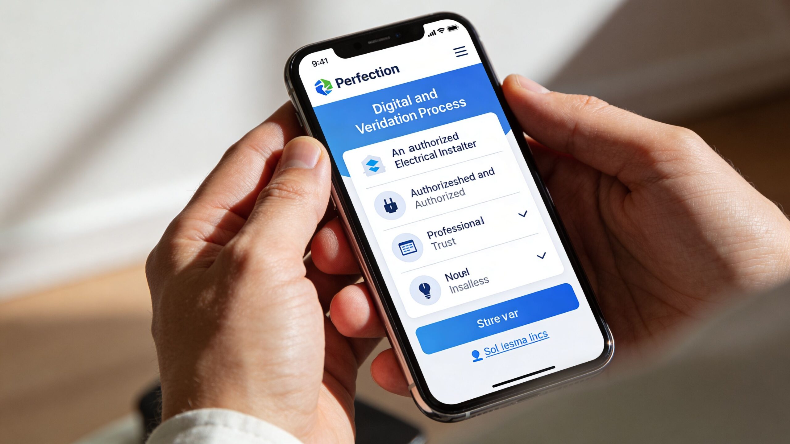 En person holder en smartphone, der viser en digital verifikationsproces for en autoriseret elektriker på en app.
