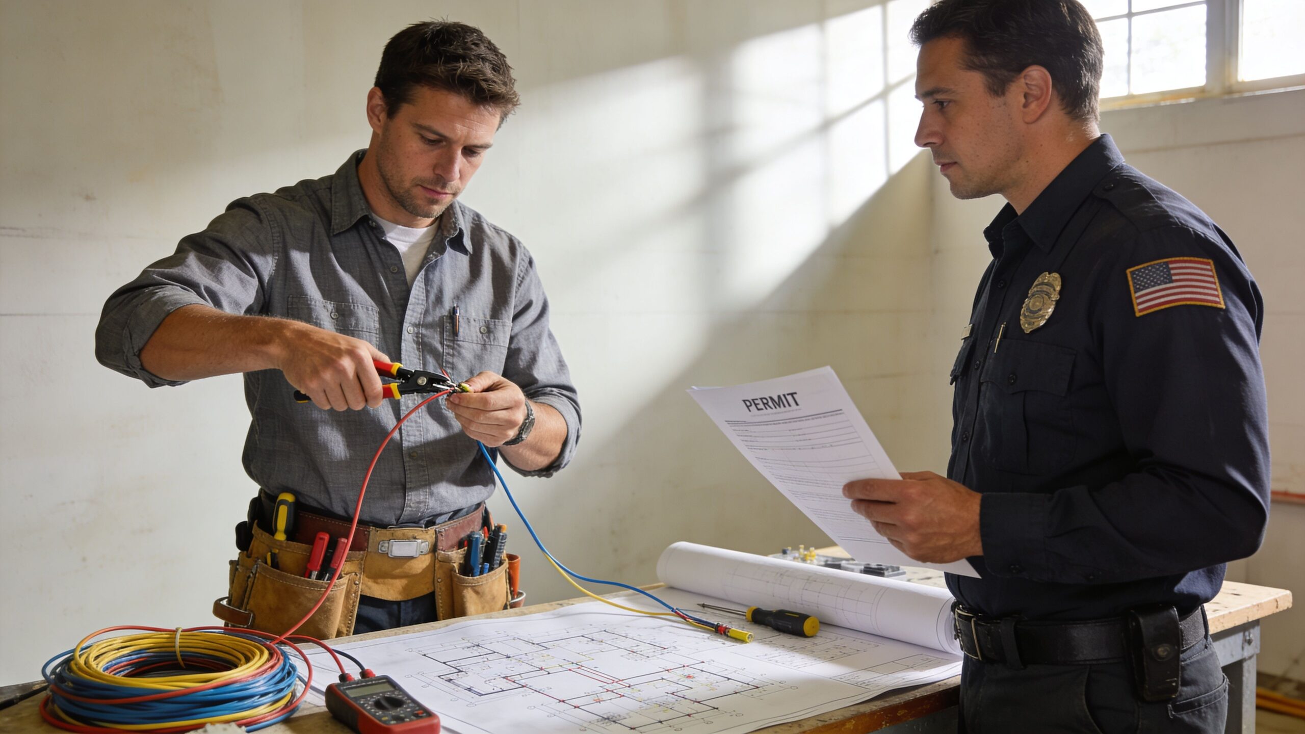 En elektriker arbejder med ledninger, mens en bygningsinspektør gennemgår arbejdstilladelsen på en byggeplads.