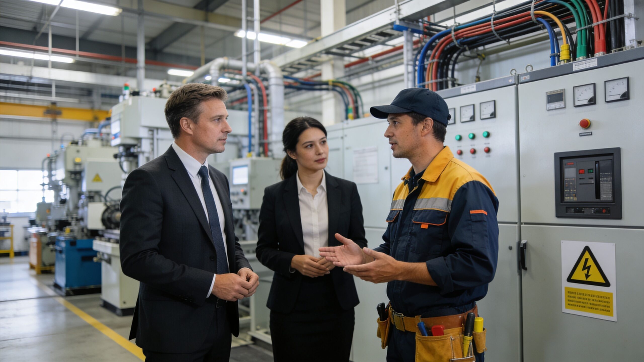 En professionel elektriker forklarer maskindrift til to forretningsfolk i en moderne industrihal fyldt med teknisk udstyr.